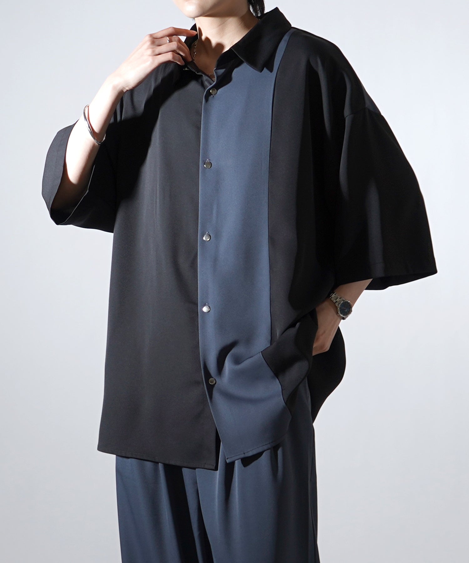 25SS ドレープとろみ アシンメトリー ビッグシルエット半袖シャツ