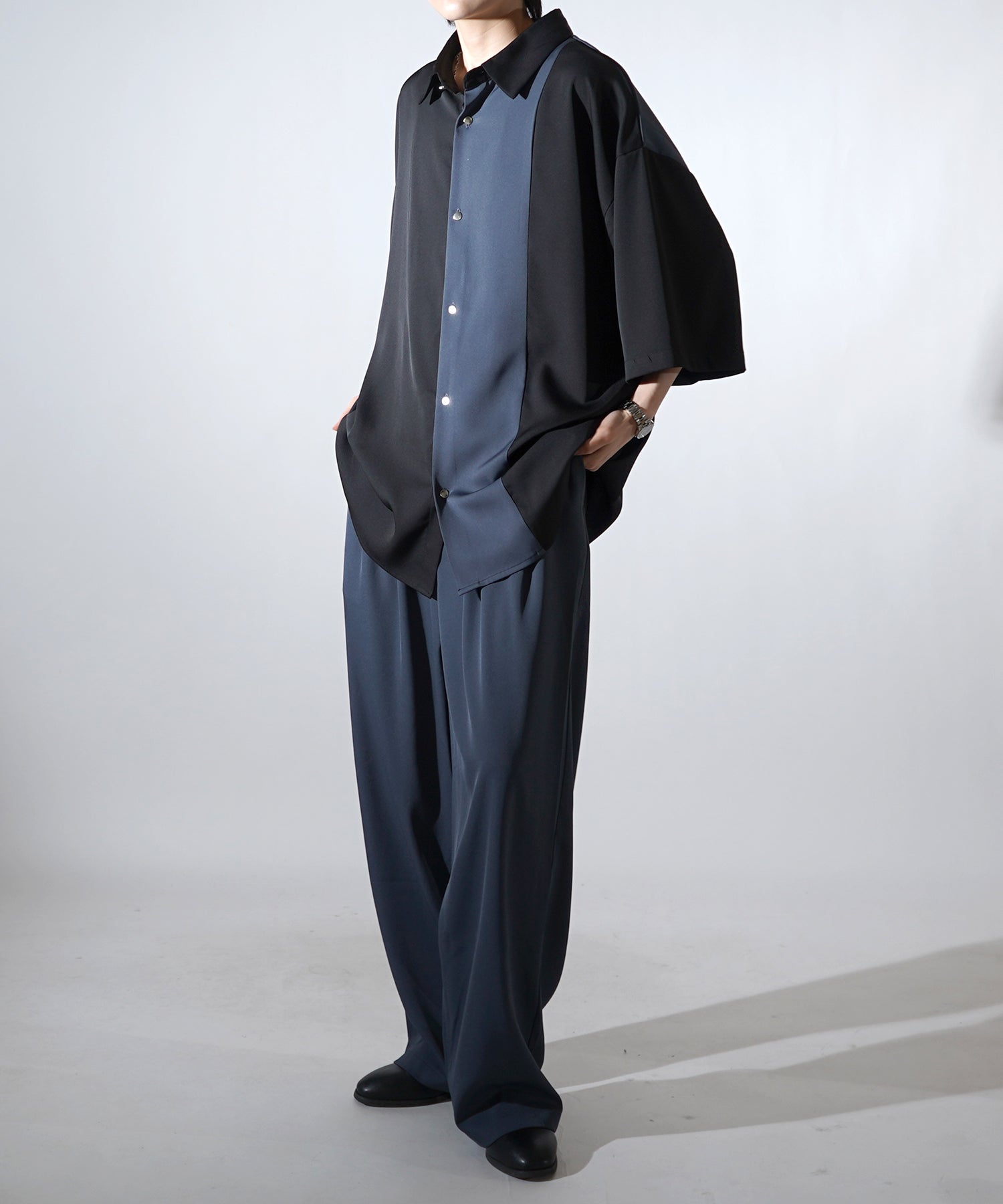 25SS ドレープとろみ アシンメトリー ビッグシルエット半袖シャツ