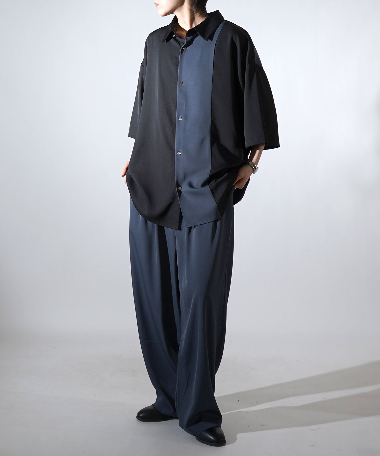 25SS ドレープとろみ アシンメトリー ビッグシルエット半袖シャツ