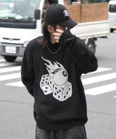 モヘアライク 8ボール / ダイス / スカル グラフィックジャガード ビッグシルエット プルオーバーソフトタッチシャギーニット