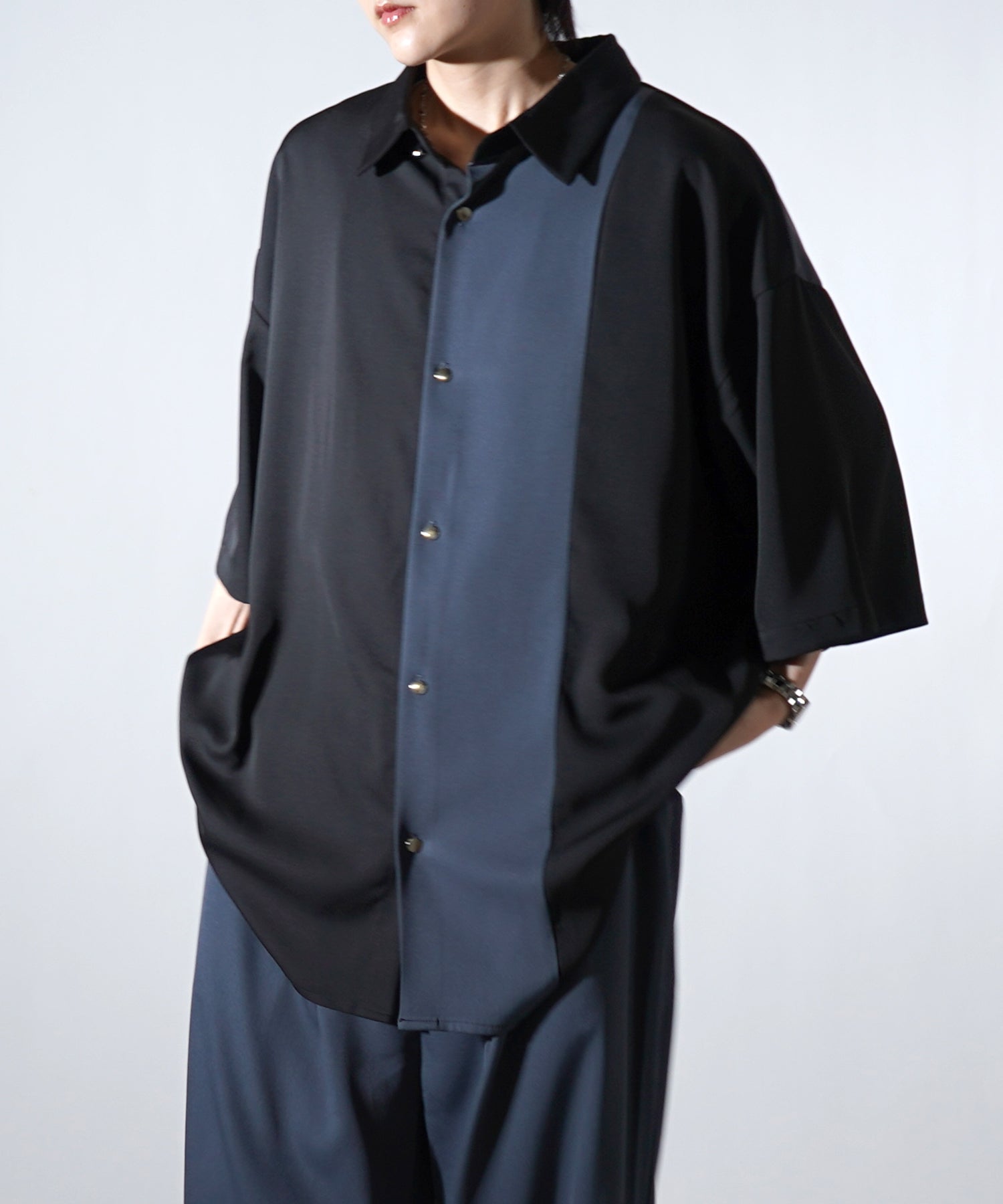 25SS ドレープとろみ アシンメトリー ビッグシルエット半袖シャツ