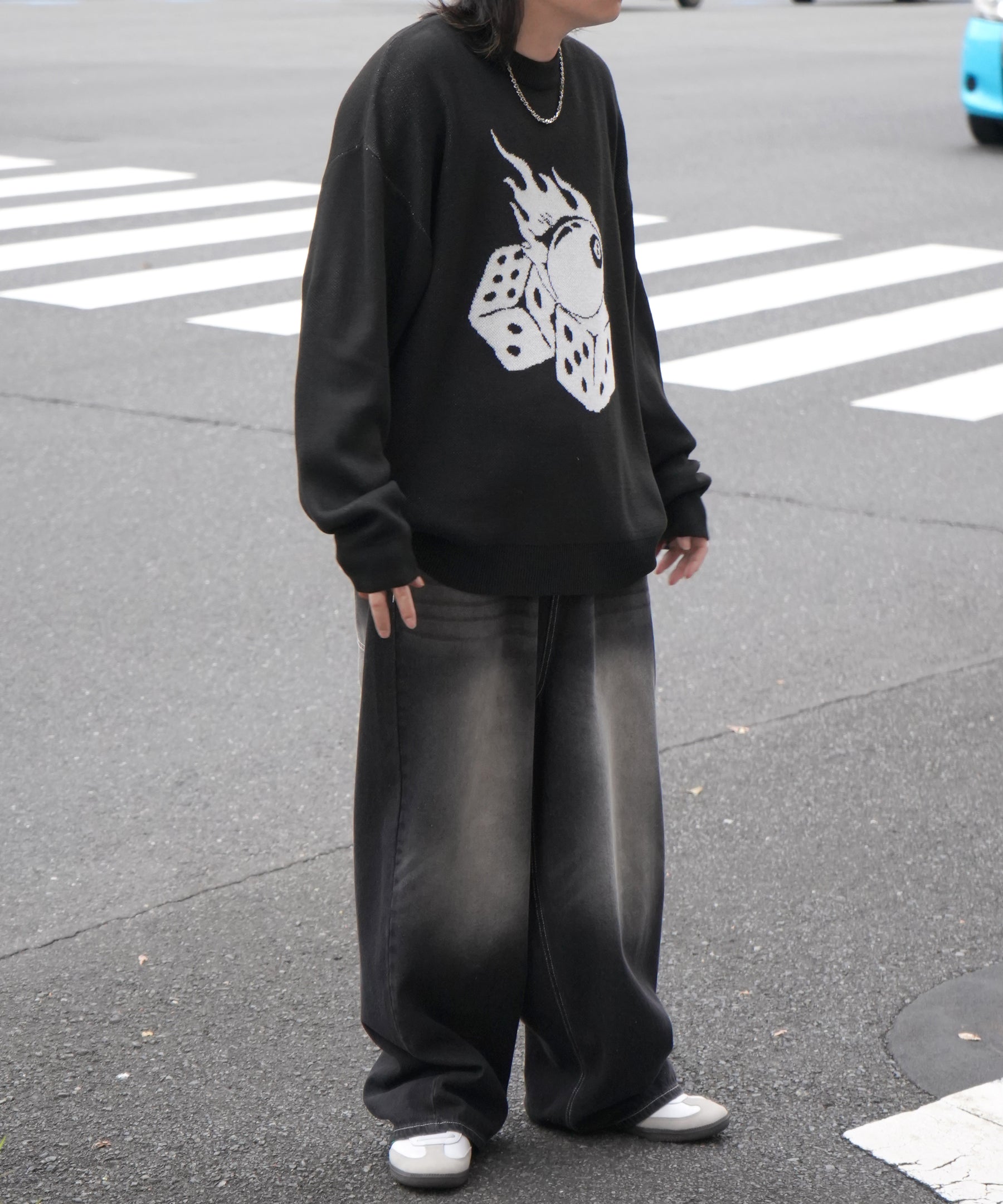 モヘアライク 8ボール / ダイス / スカル グラフィックジャガード ビッグシルエット プルオーバーソフトタッチシャギーニット