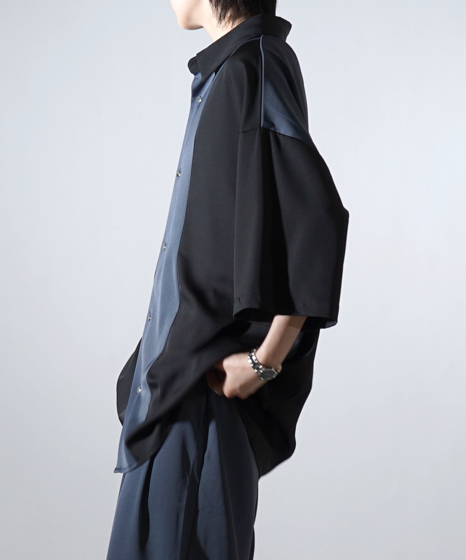 25SS ドレープとろみ アシンメトリー ビッグシルエット半袖シャツ