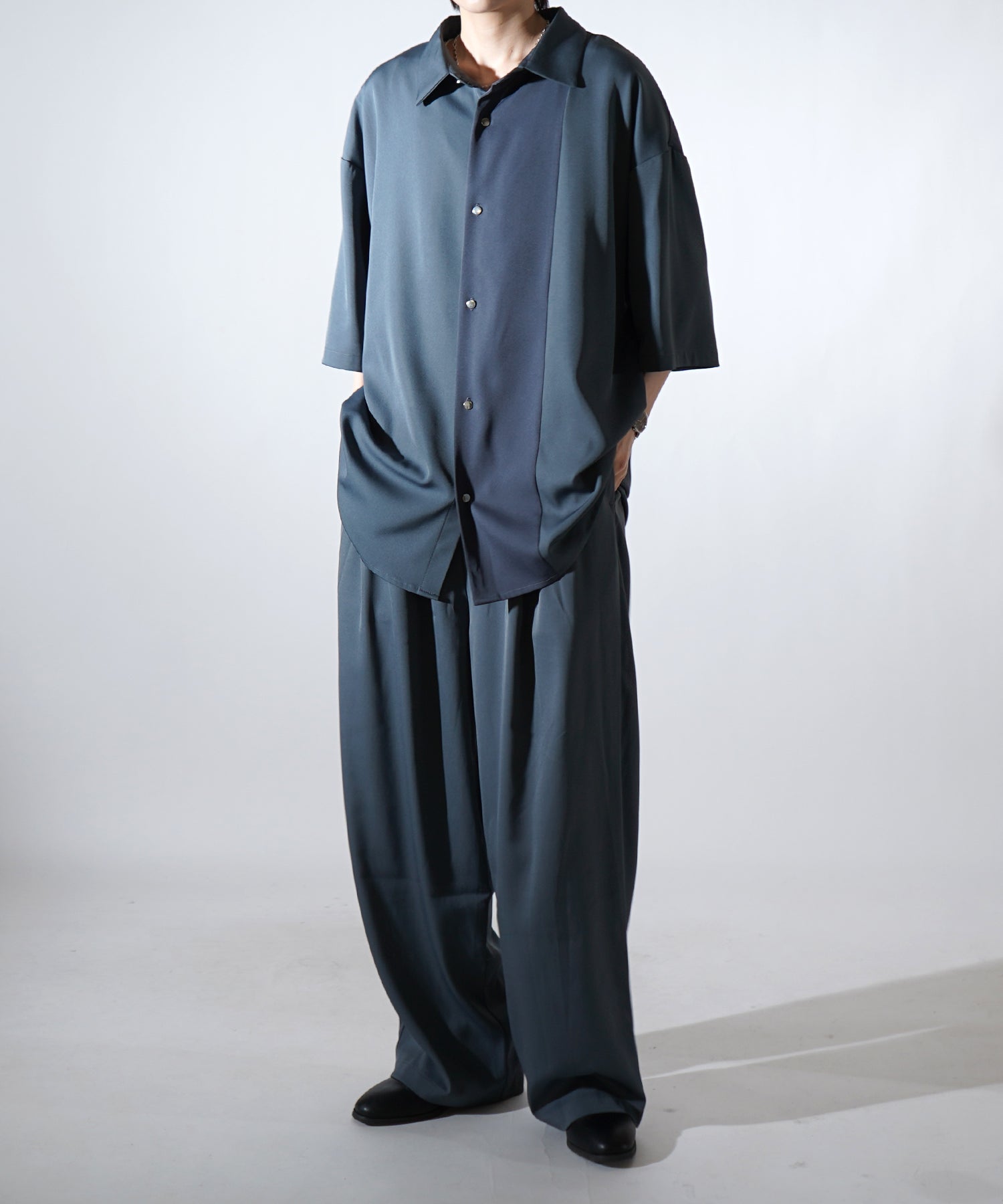 25SS ドレープとろみ アシンメトリー ビッグシルエット半袖シャツ