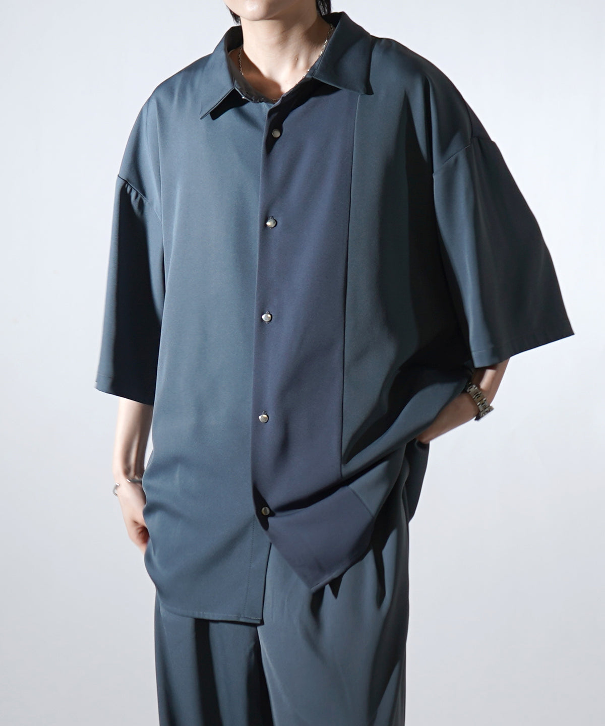 25SS ドレープとろみ アシンメトリー ビッグシルエット半袖シャツ