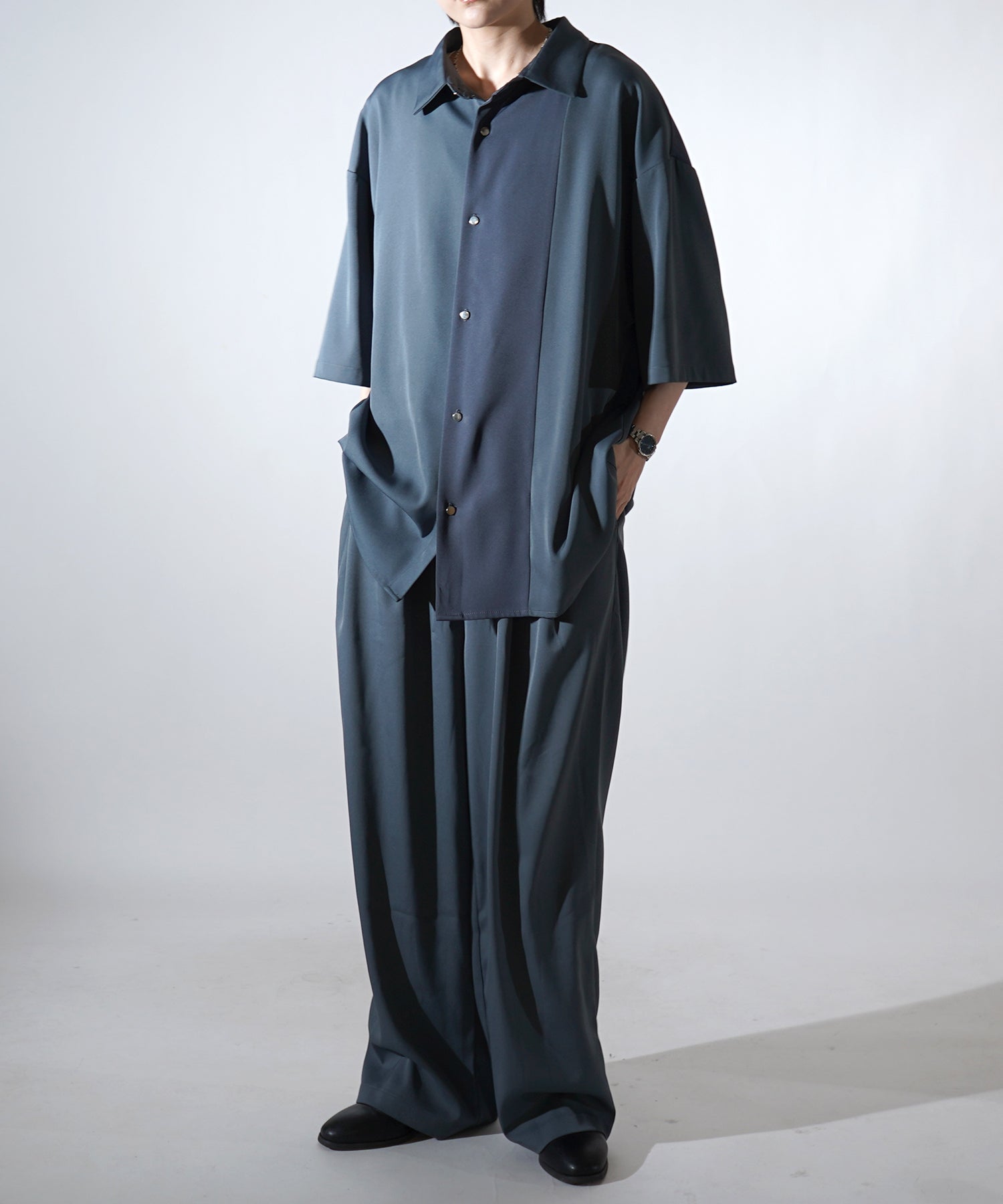 25SS ドレープとろみ アシンメトリー ビッグシルエット半袖シャツ