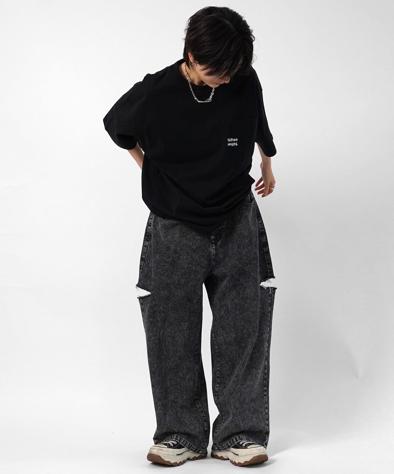 25SS【96thes】サイドカットオフ ワイドルーズデニムパンツ