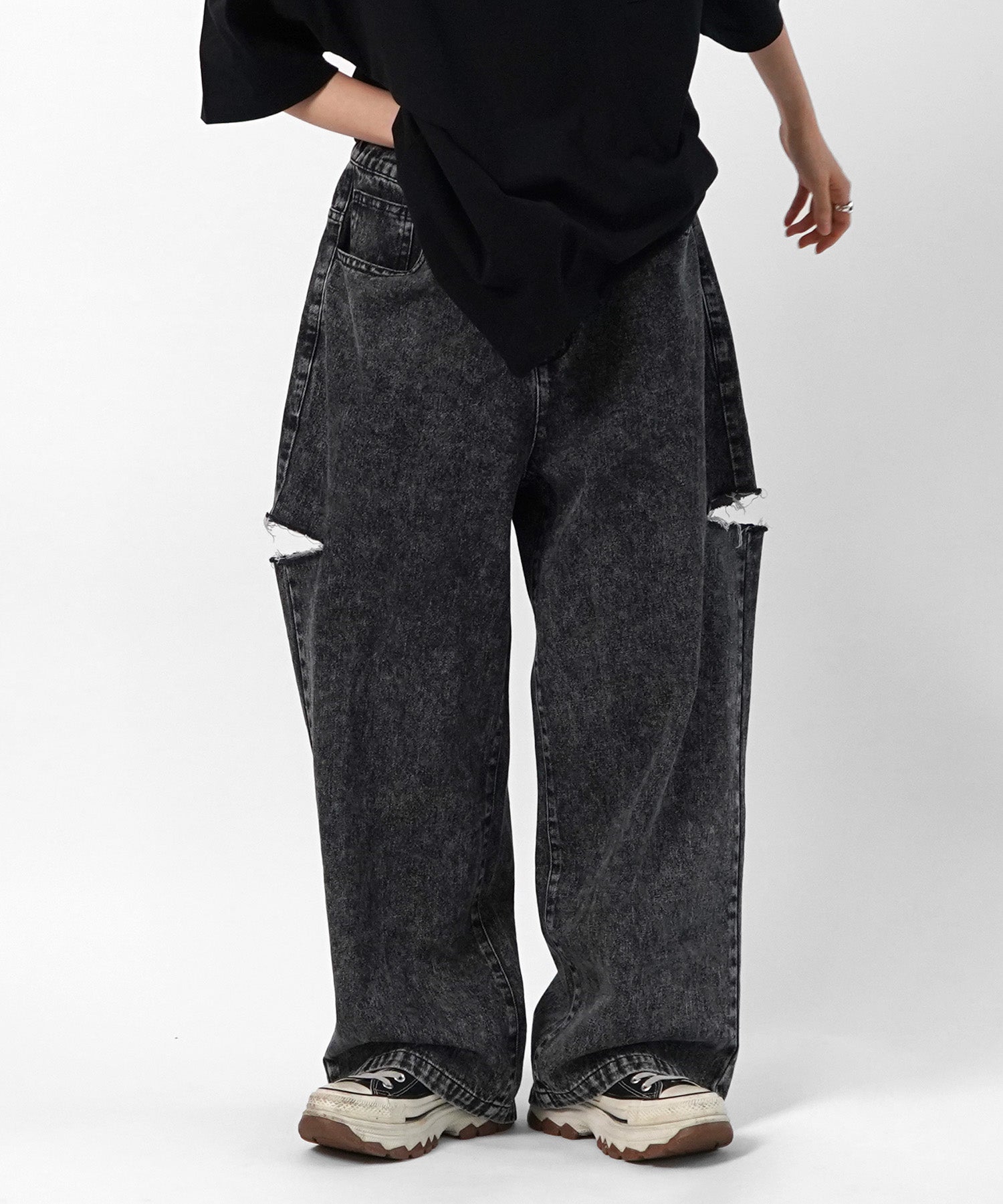 25SS【96thes】サイドカットオフ ワイドルーズデニムパンツ