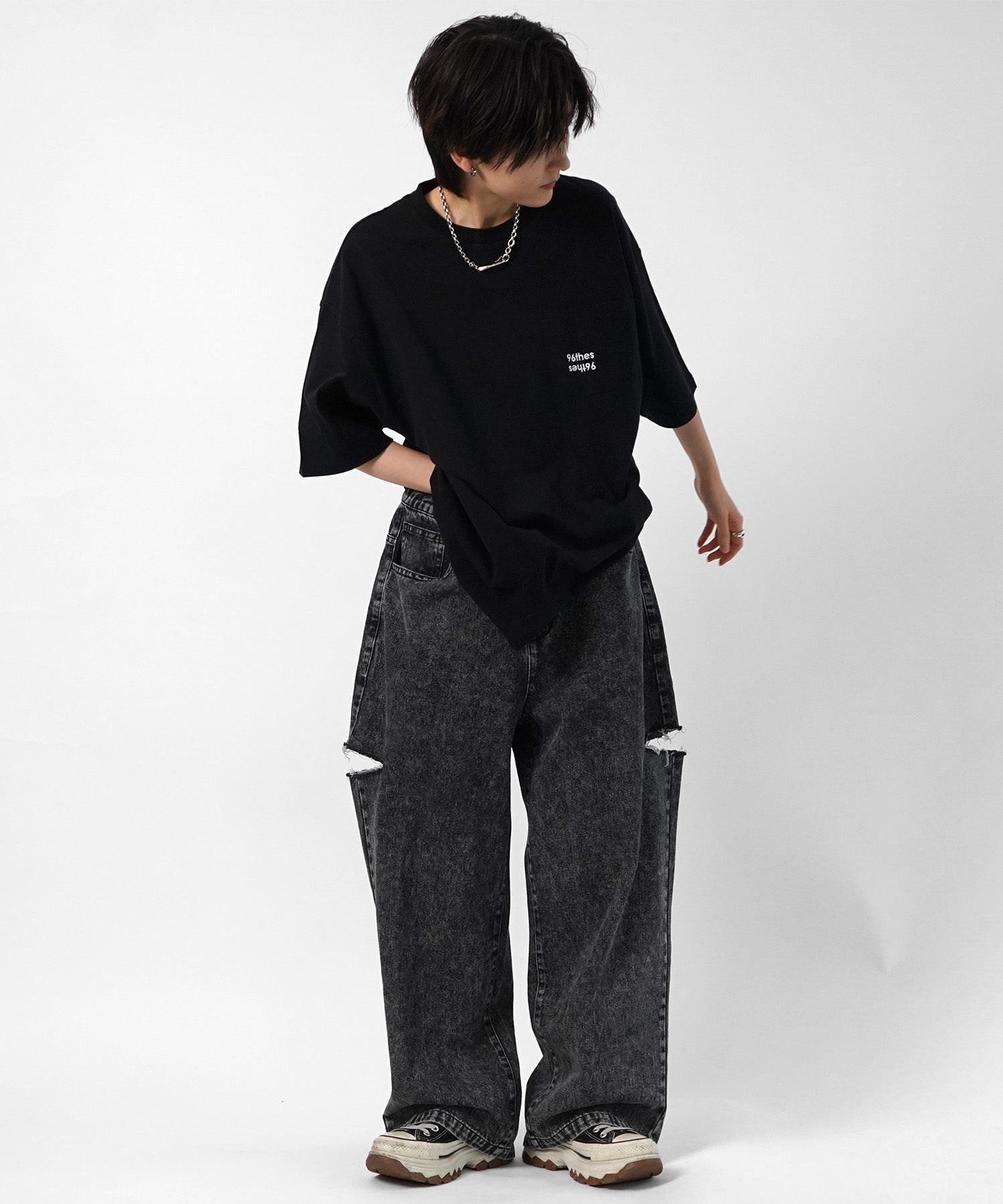 25SS【96thes】サイドカットオフ ワイドルーズデニムパンツ