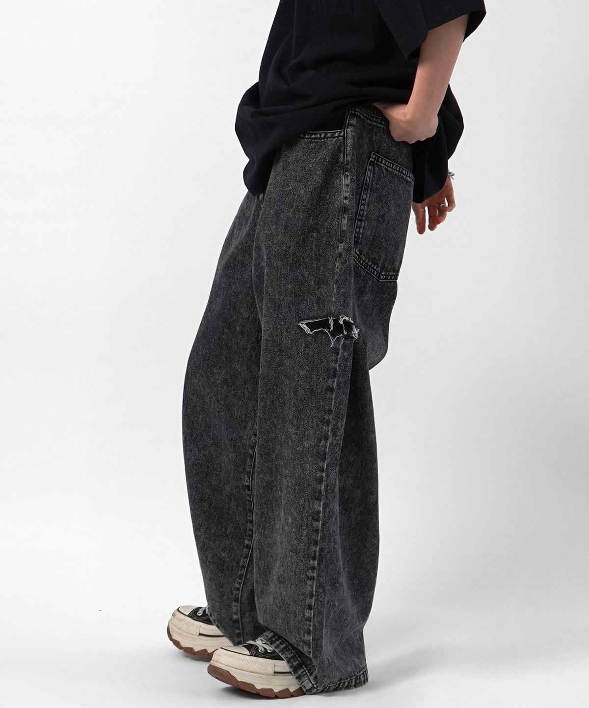 25SS【96thes】サイドカットオフ ワイドルーズデニムパンツ