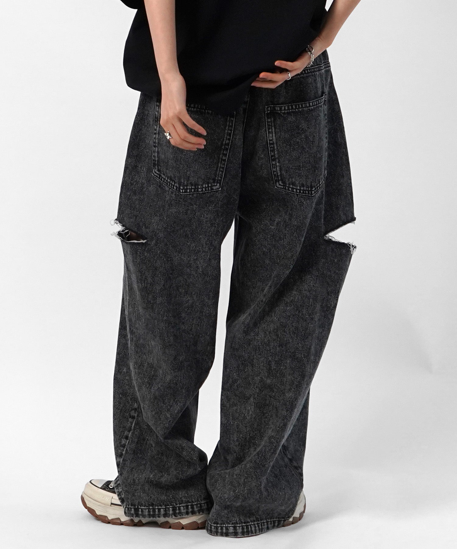 25SS【96thes】サイドカットオフ ワイドルーズデニムパンツ
