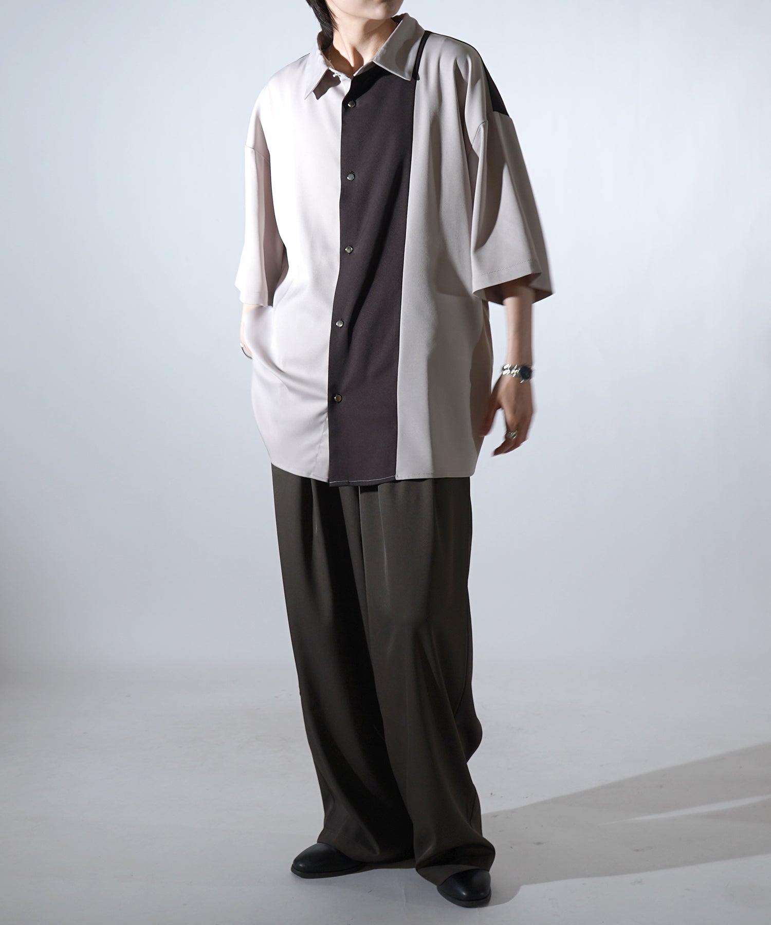 25SS ドレープとろみ アシンメトリー ビッグシルエット半袖シャツ
