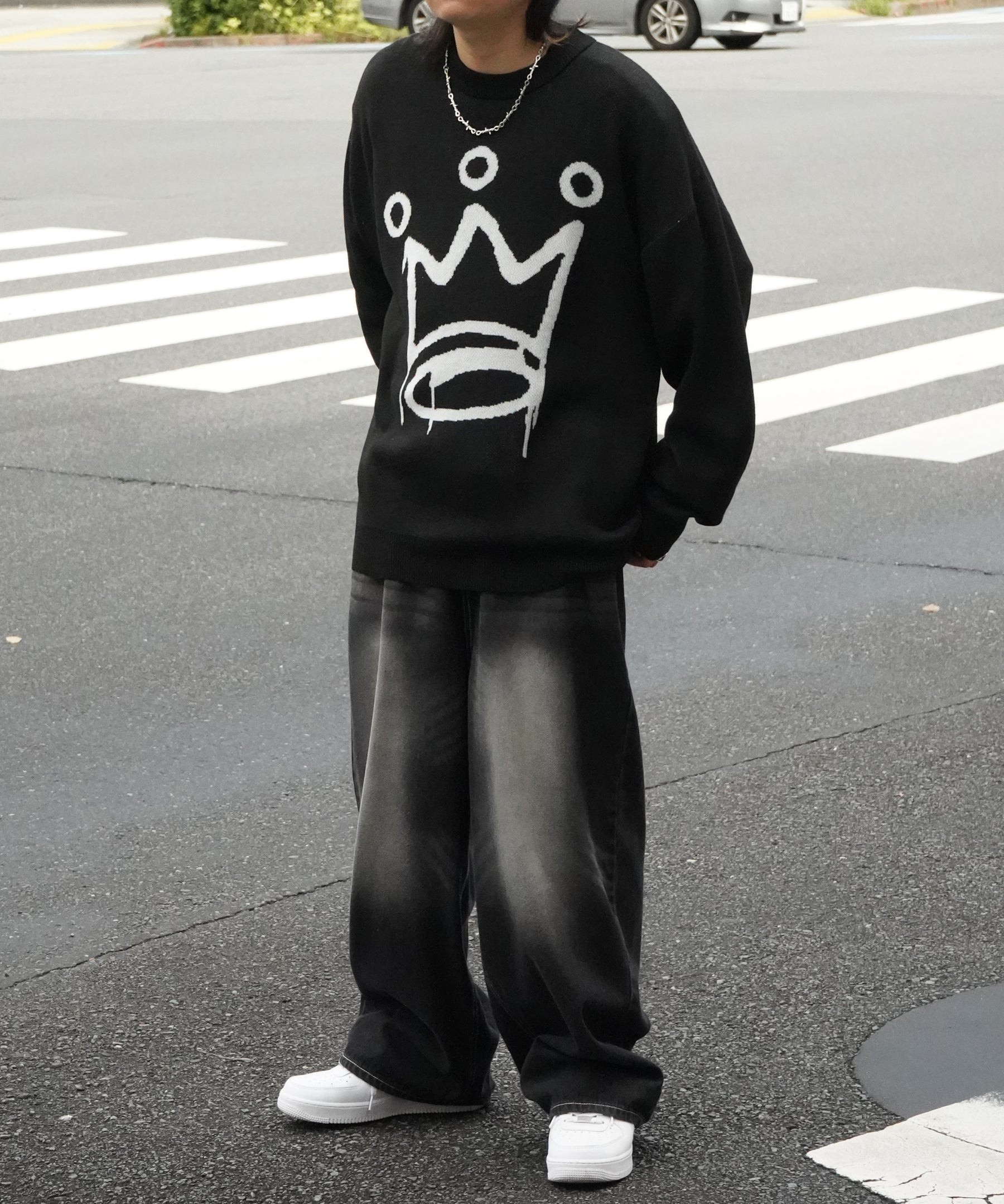 モヘアライク 8ボール / ダイス / スカル グラフィックジャガード ビッグシルエット プルオーバーソフトタッチシャギーニット