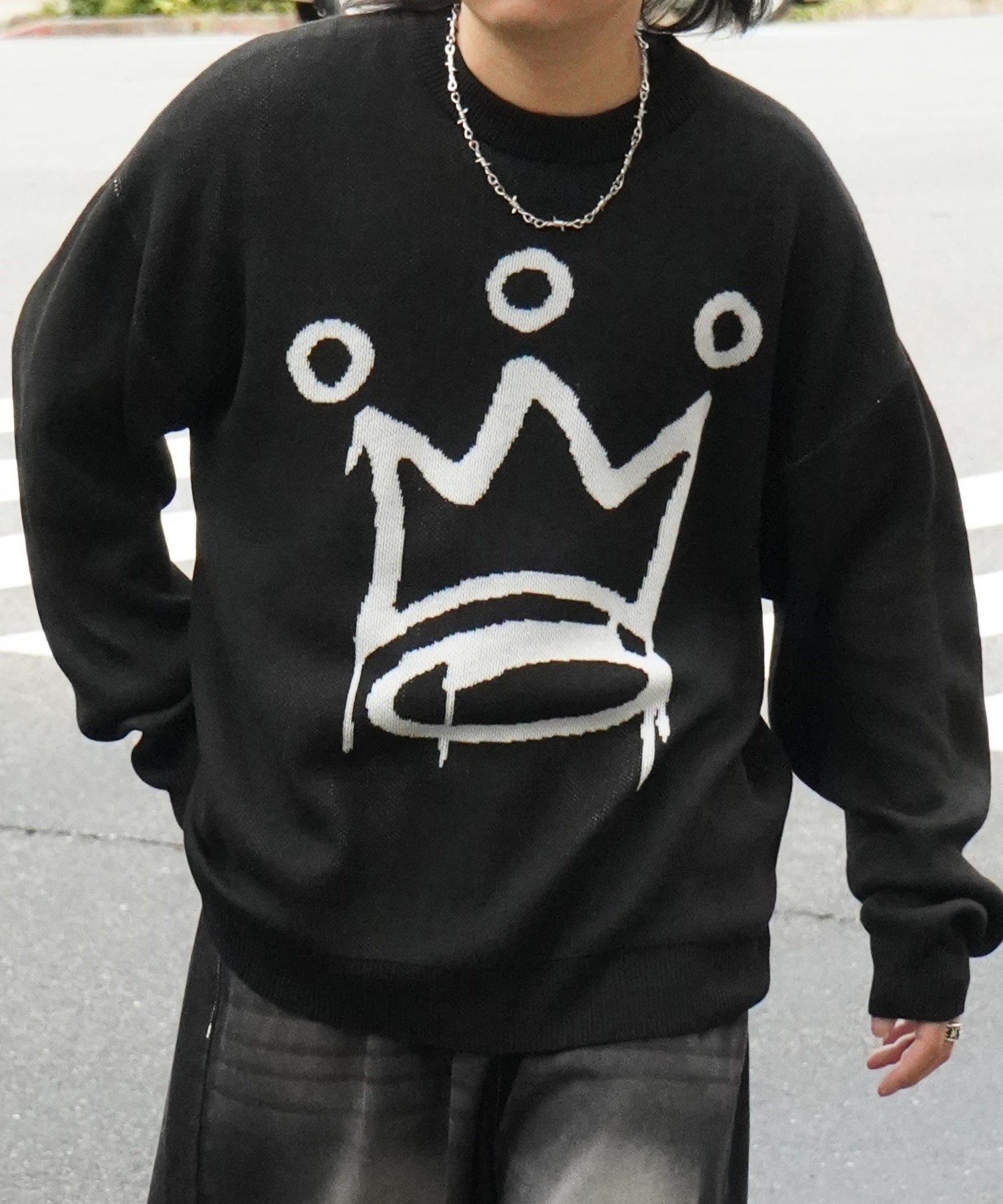 モヘアライク 8ボール / ダイス / スカル グラフィックジャガード ビッグシルエット プルオーバーソフトタッチシャギーニット