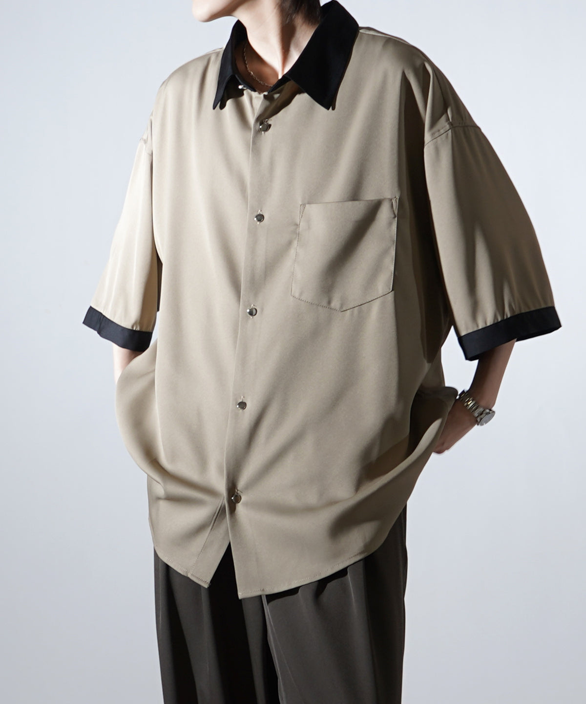 25SS ドレープとろみ クレリック ビッグシルエット半袖シャツ