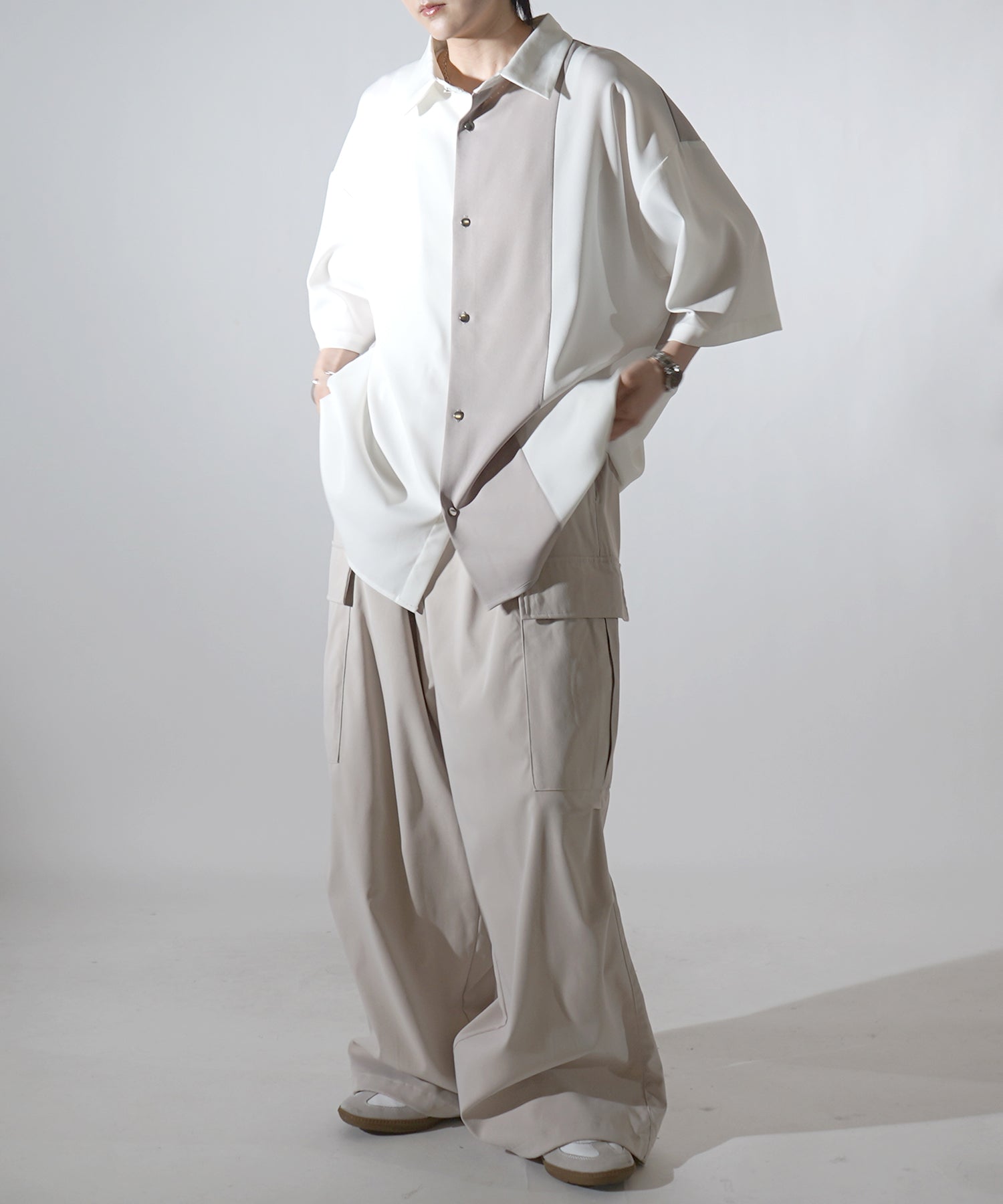 25SS ドレープとろみ アシンメトリー ビッグシルエット半袖シャツ