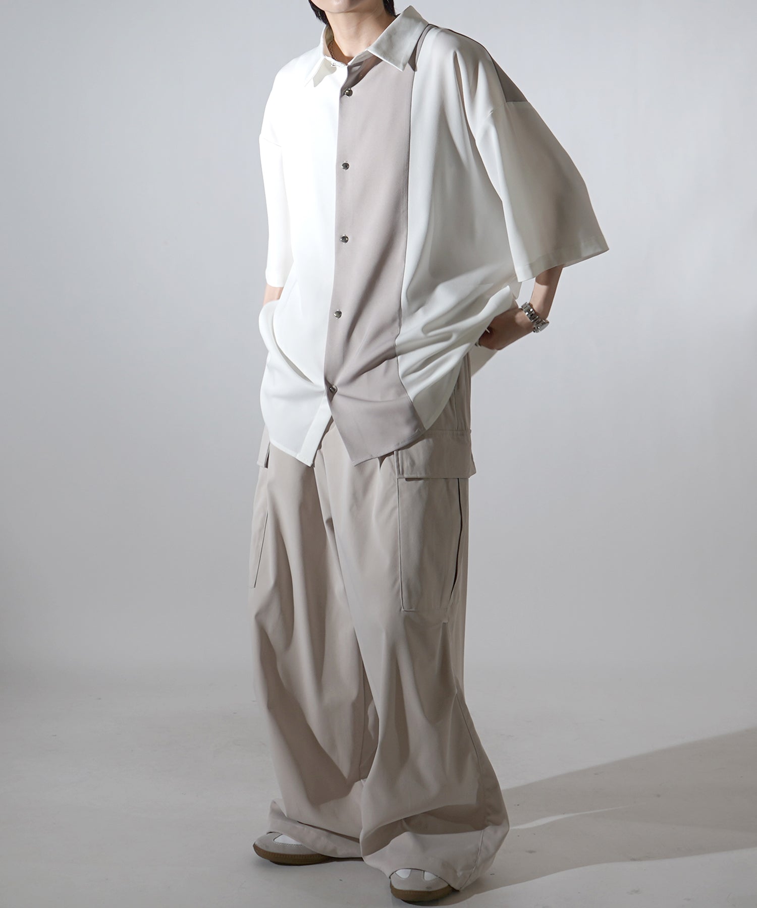 25SS ドレープとろみ アシンメトリー ビッグシルエット半袖シャツ