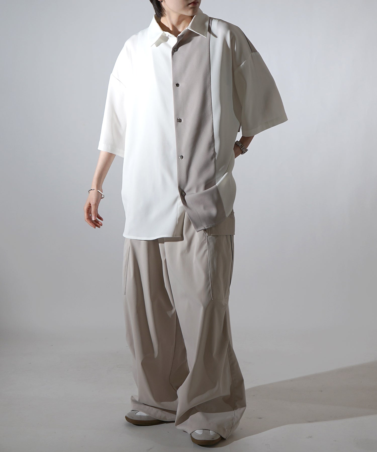 25SS ドレープとろみ アシンメトリー ビッグシルエット半袖シャツ