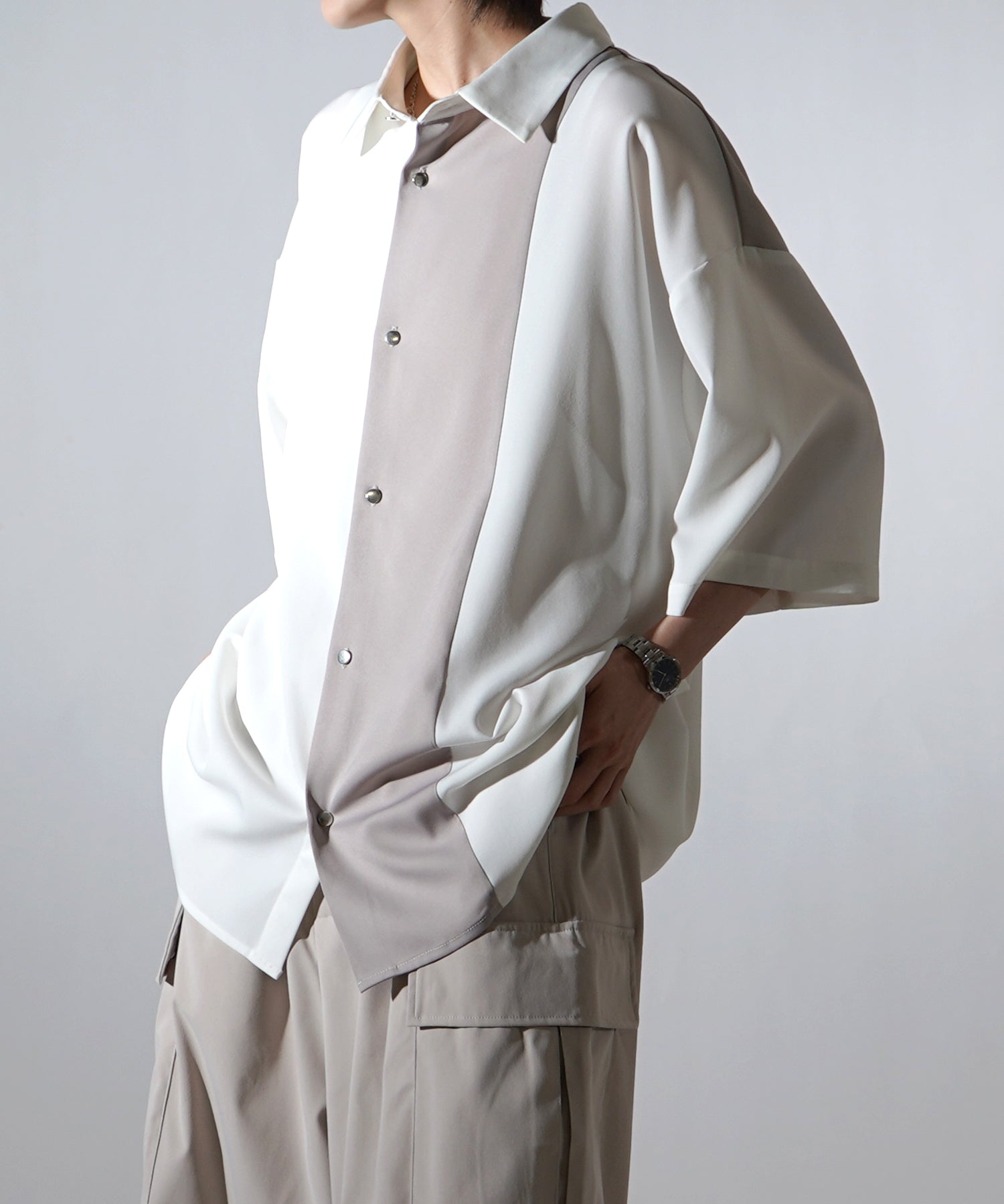 25SS ドレープとろみ アシンメトリー ビッグシルエット半袖シャツ