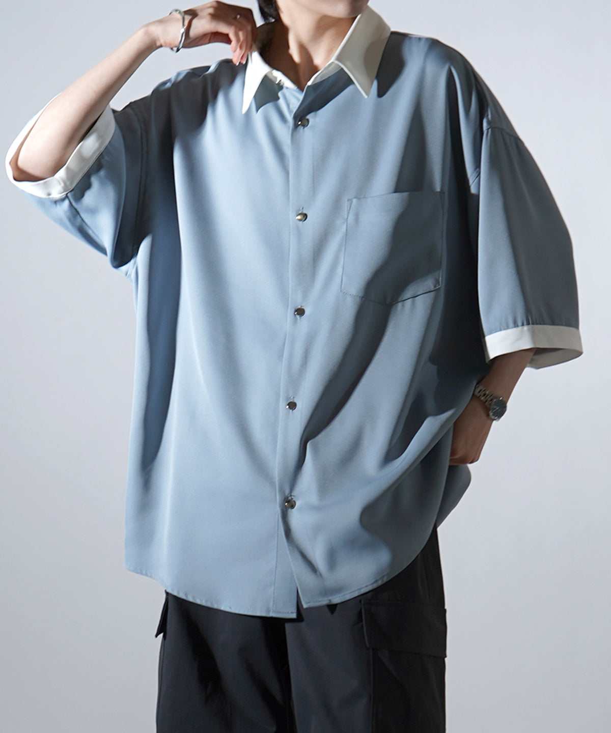 25SS ドレープとろみ クレリック ビッグシルエット半袖シャツ