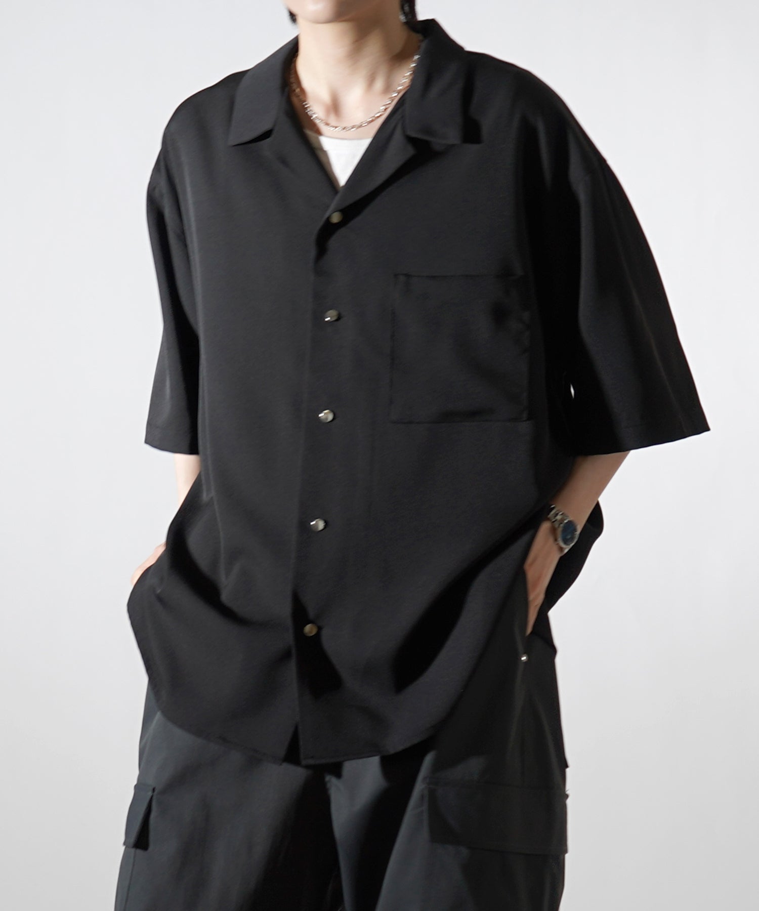 ビッグシルエット メタルボタン ドレープとろみ オープンカラー半袖シャツ