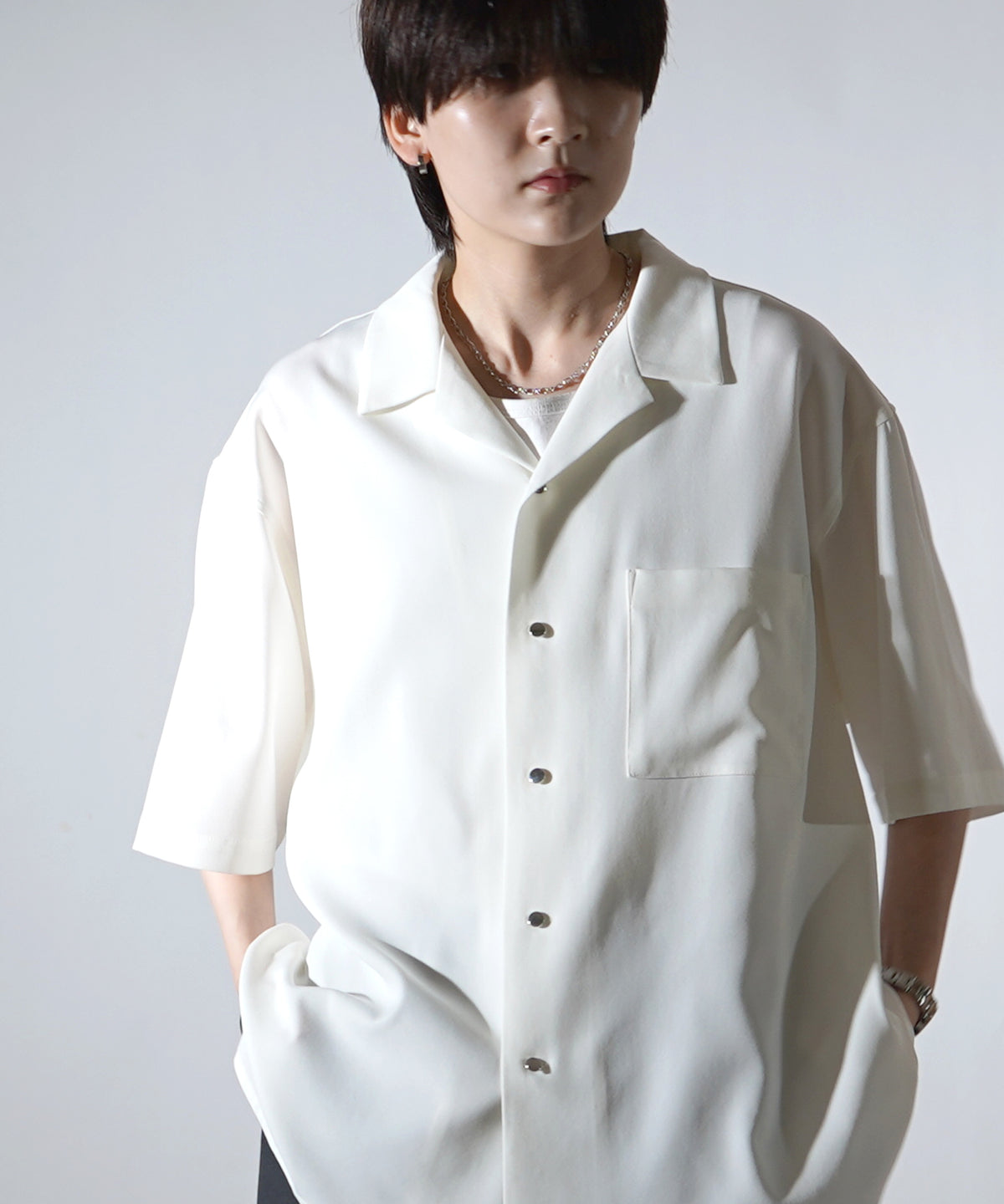 ビッグシルエット メタルボタン ドレープとろみ オープンカラー半袖シャツ
