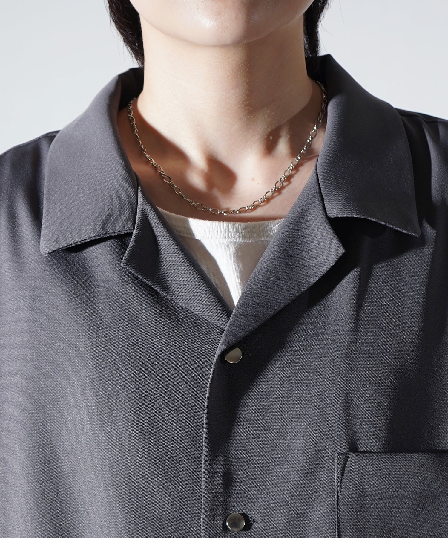 ビッグシルエット メタルボタン ドレープとろみ オープンカラー半袖シャツ