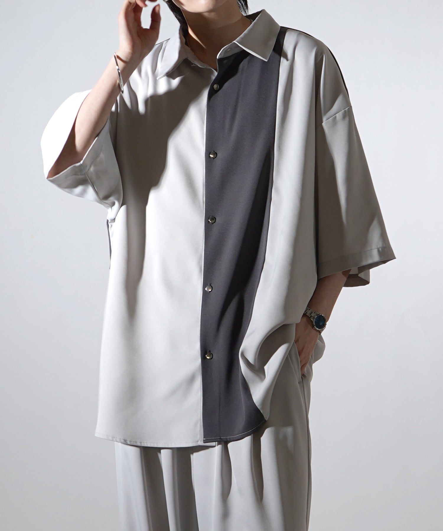 25SS ドレープとろみ アシンメトリー ビッグシルエット半袖シャツ