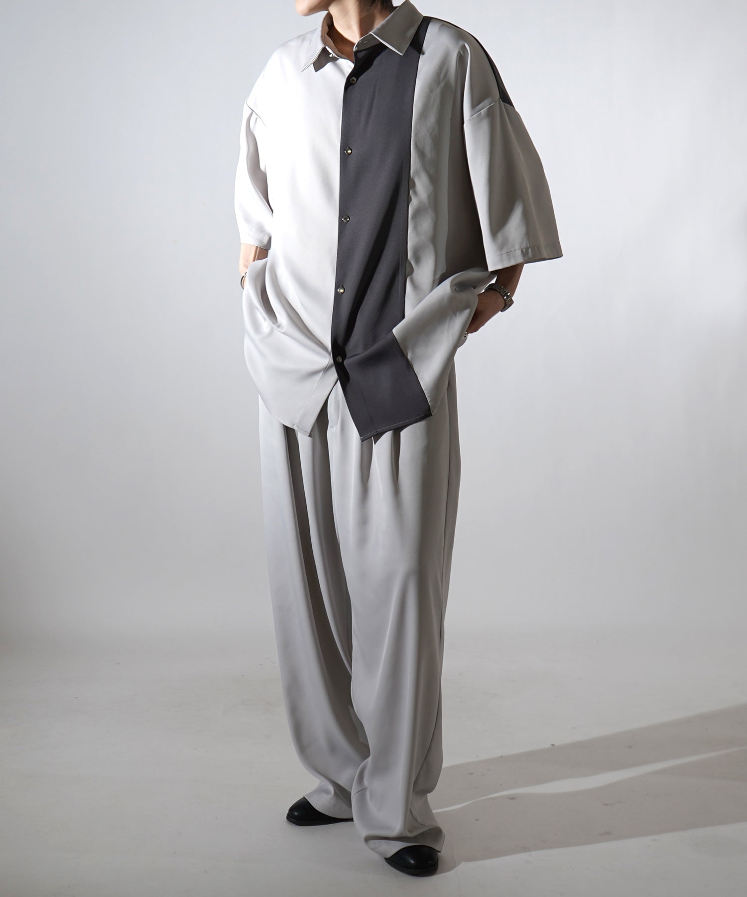 25SS ドレープとろみ アシンメトリー ビッグシルエット半袖シャツ