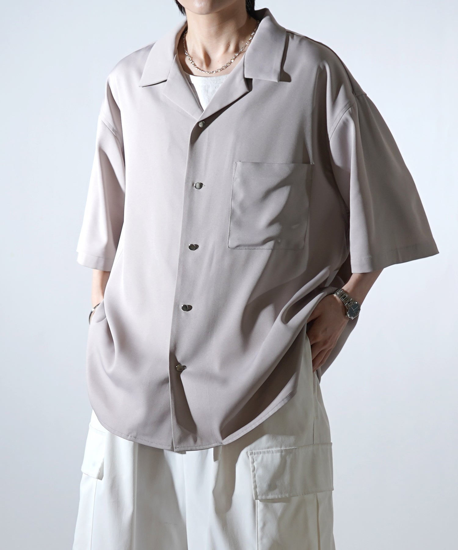 ビッグシルエット メタルボタン ドレープとろみ オープンカラー半袖シャツ