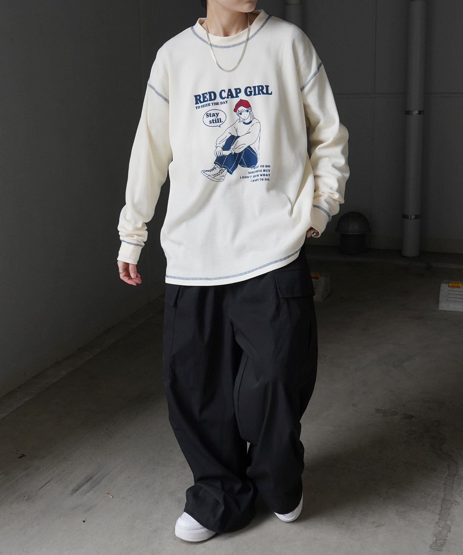 【RED CAP GIRL】25SS アウトステッチ ビッグシルエットワッフルロンT