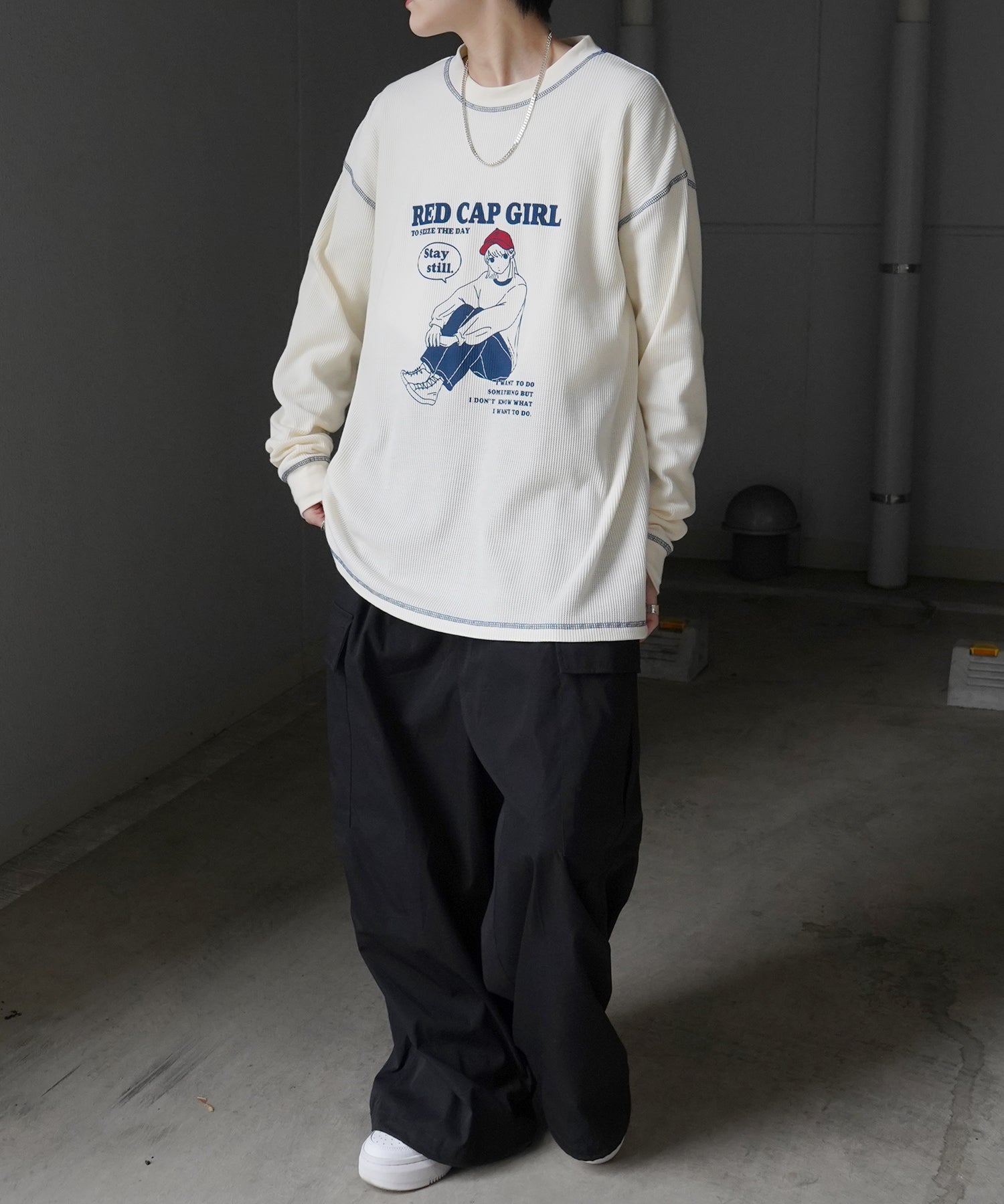 【RED CAP GIRL】25SS アウトステッチ ビッグシルエットワッフルロンT
