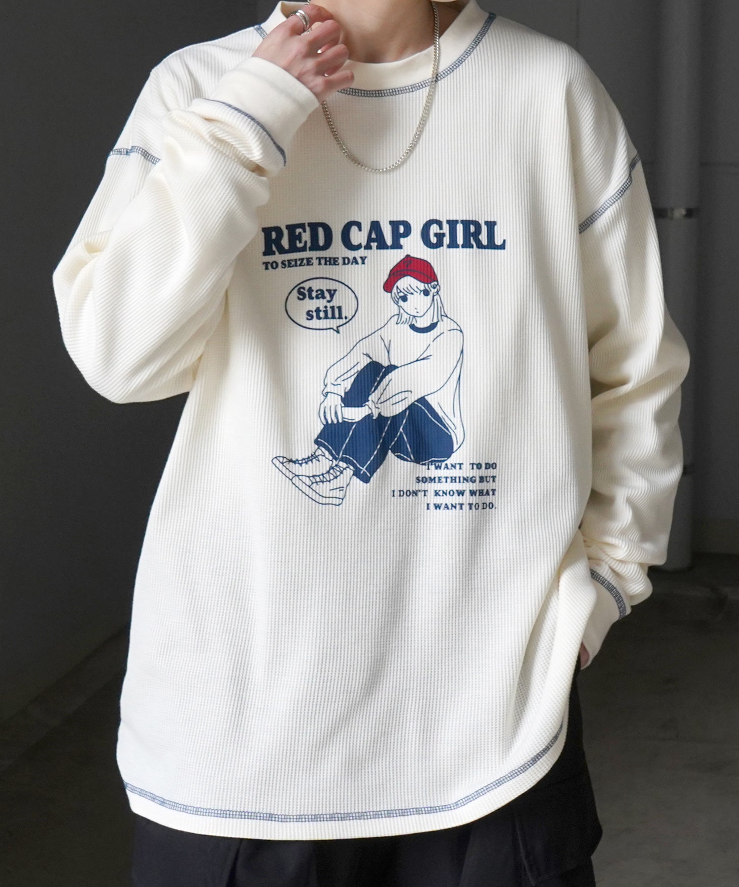 【RED CAP GIRL】25SS アウトステッチ ビッグシルエットワッフルロンT