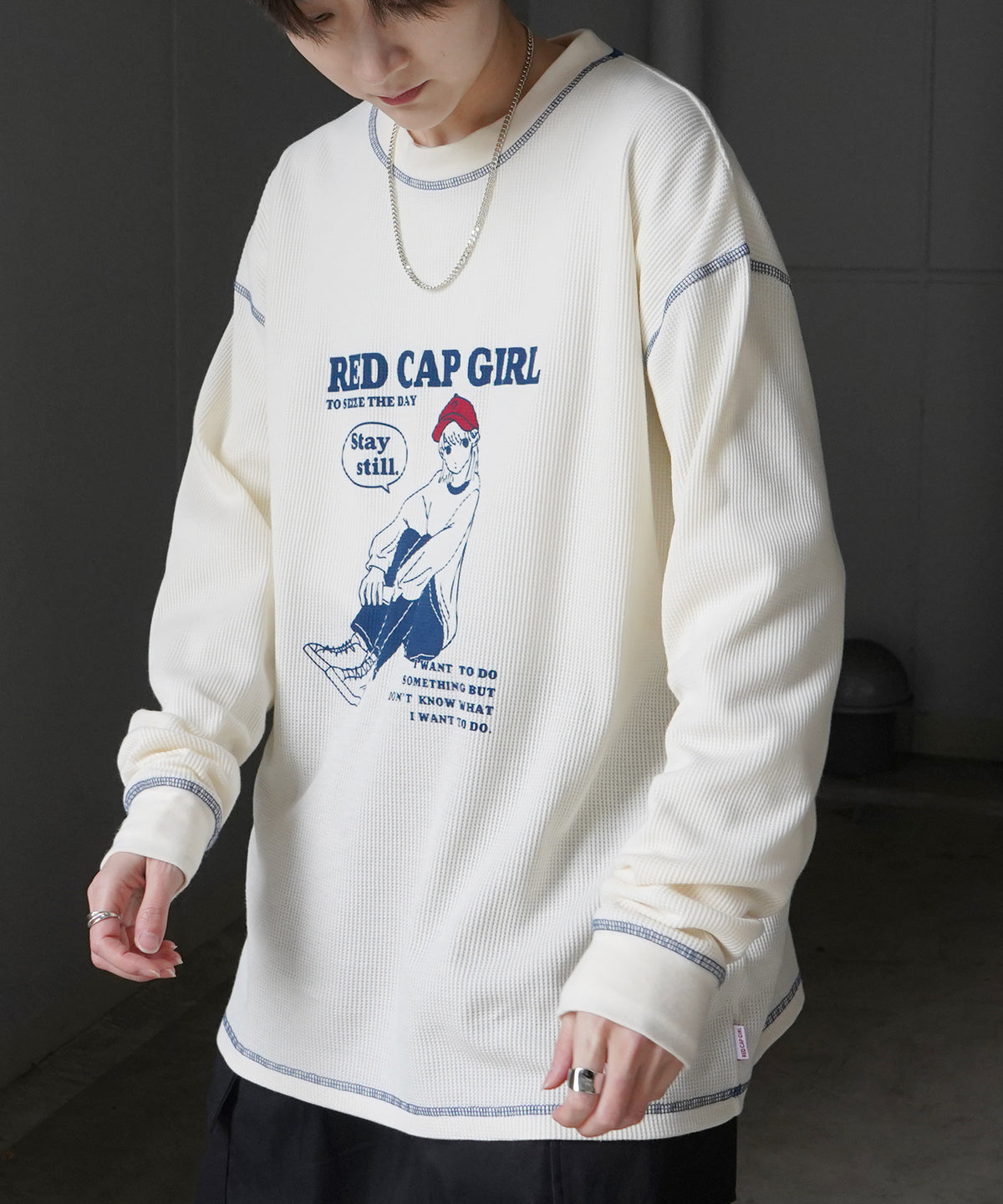【RED CAP GIRL】25SS アウトステッチ ビッグシルエットワッフルロンT