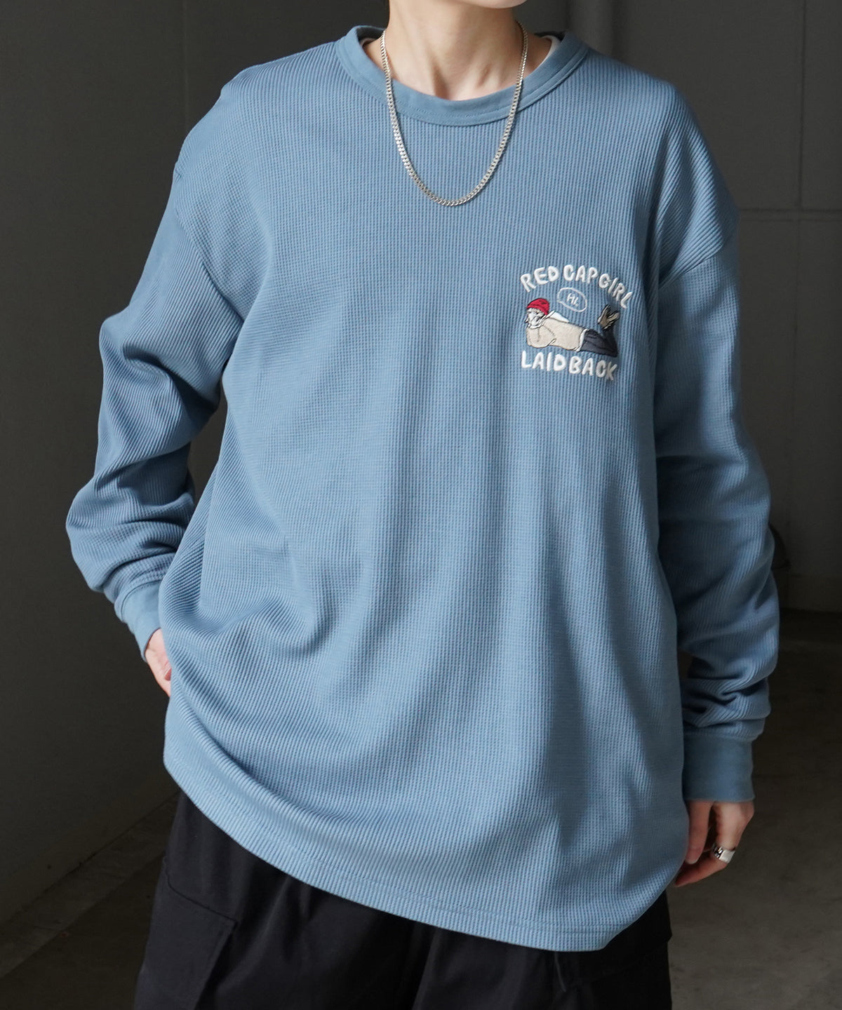 【RED CAP GIRL】25SS アウトステッチ / ワンポイント胸刺繍 ビッグシルエットワッフルロンT