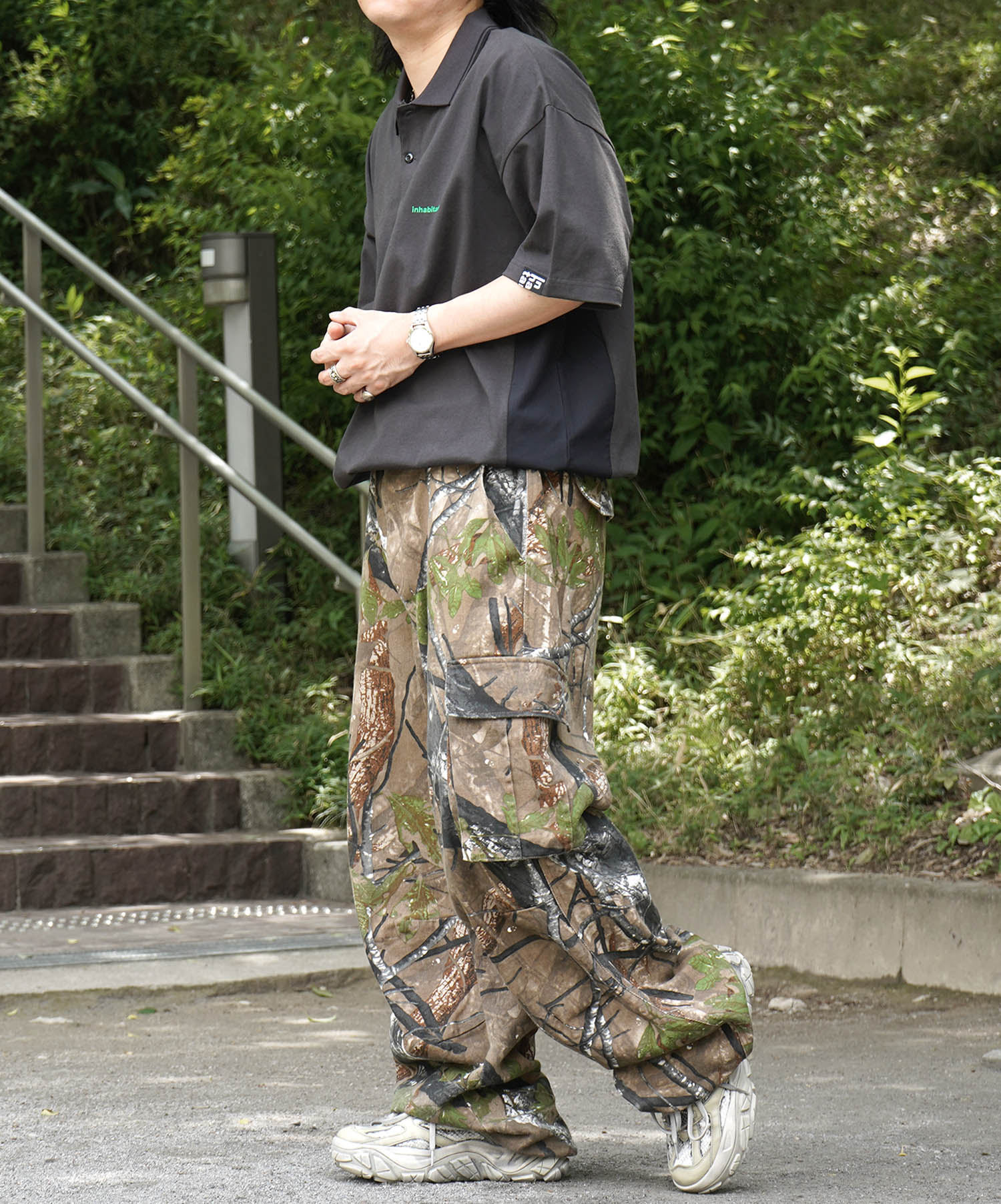 25SS【INHABITANT】ビッグシルエット ワンポイントプリント 半袖切替ポロシャツ