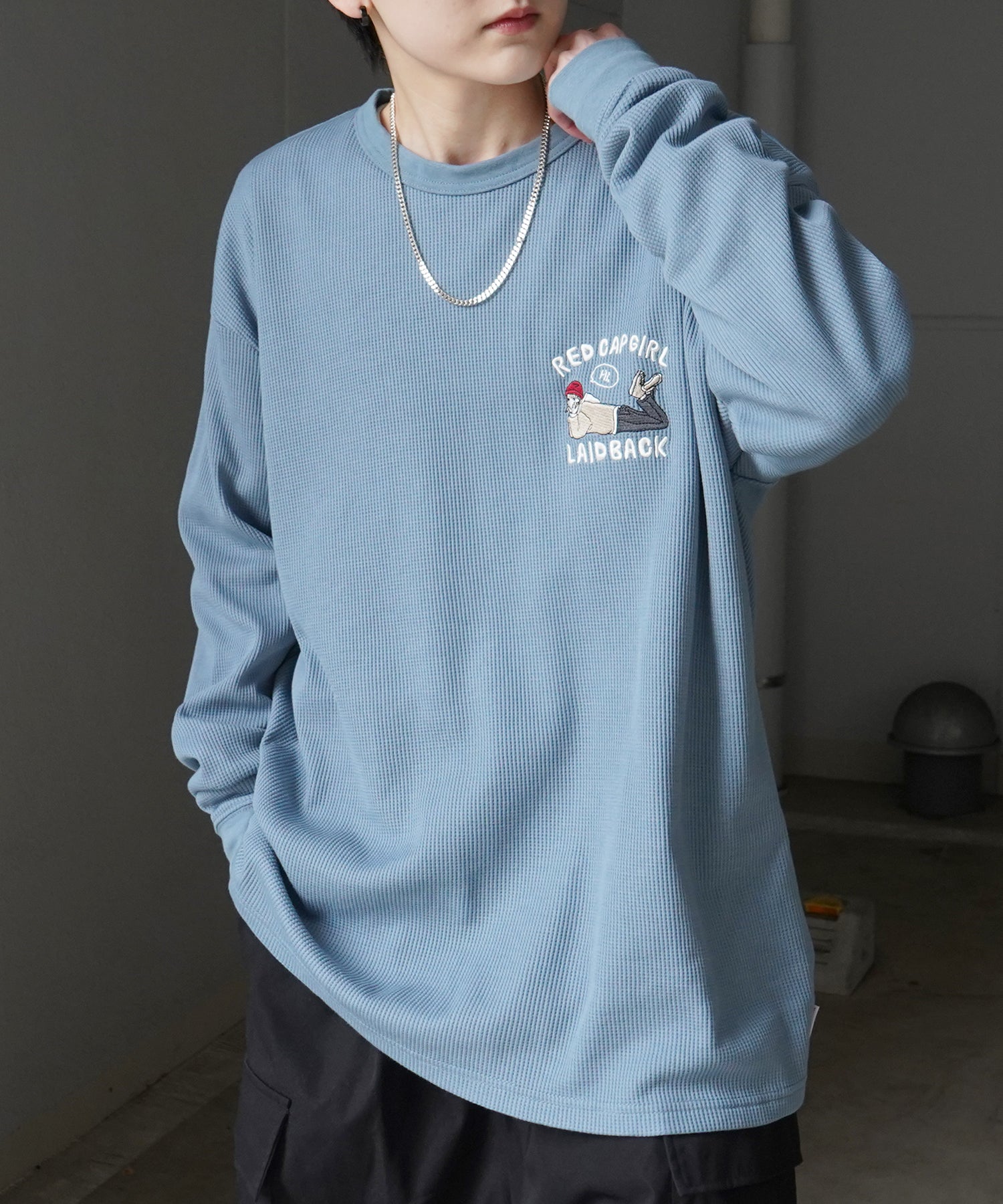 【RED CAP GIRL】25SS アウトステッチ / ワンポイント胸刺繍 ビッグシルエットワッフルロンT