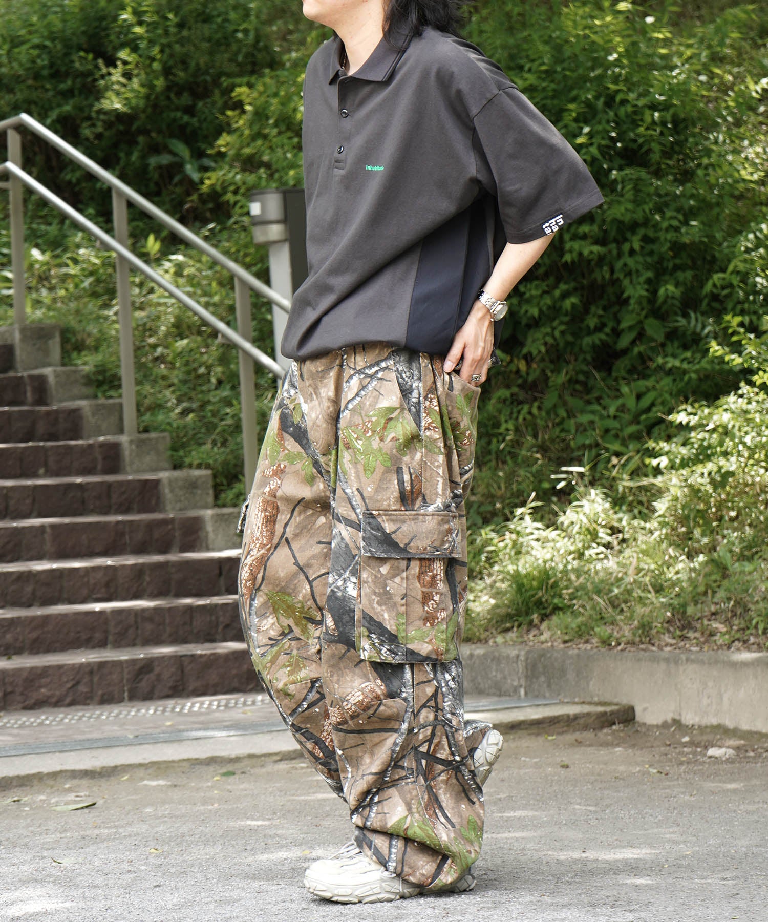 25SS【INHABITANT】ビッグシルエット ワンポイントプリント 半袖切替ポロシャツ