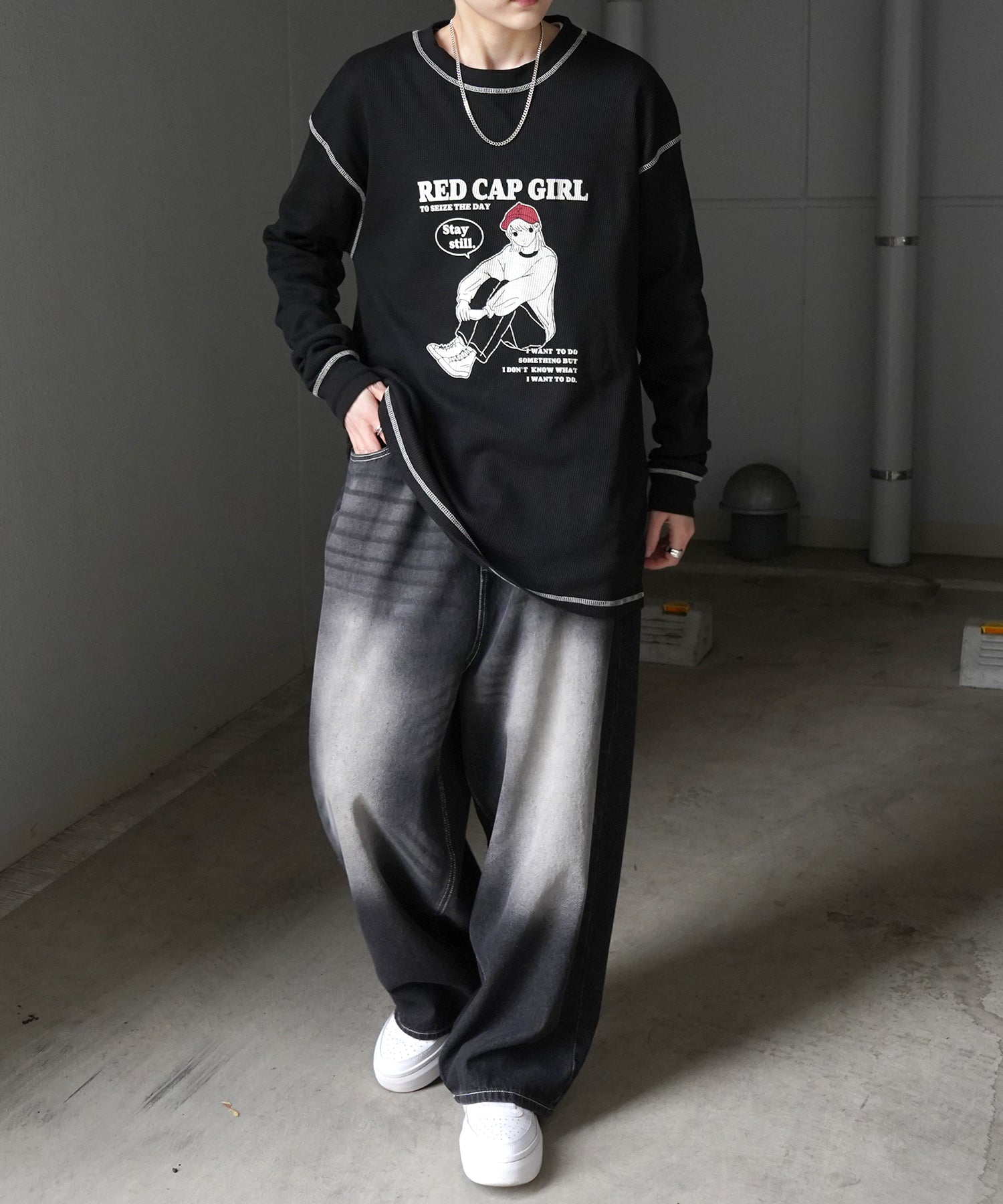 【RED CAP GIRL】25SS アウトステッチ ビッグシルエットワッフルロンT