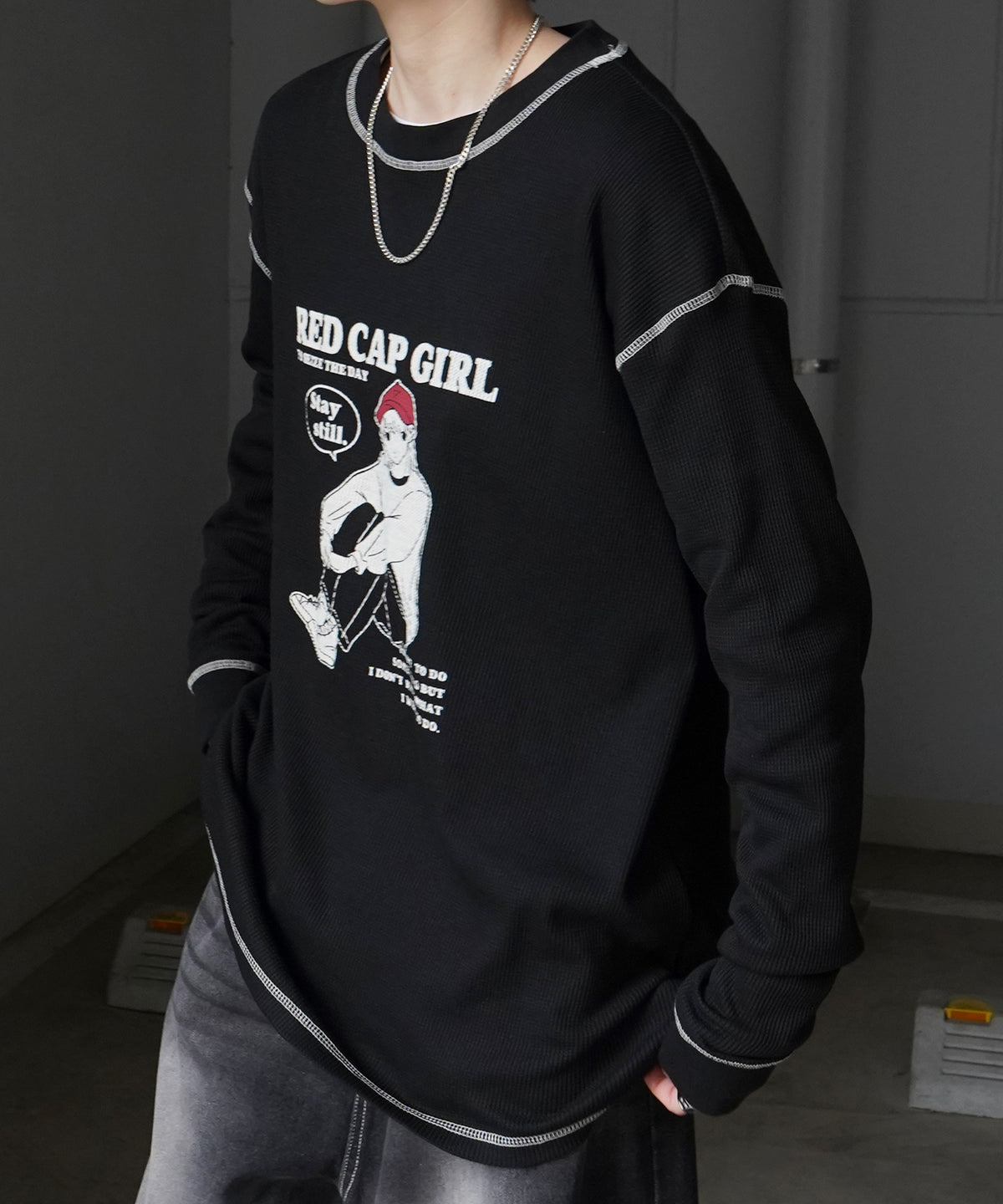 【RED CAP GIRL】25SS アウトステッチ ビッグシルエットワッフルロンT