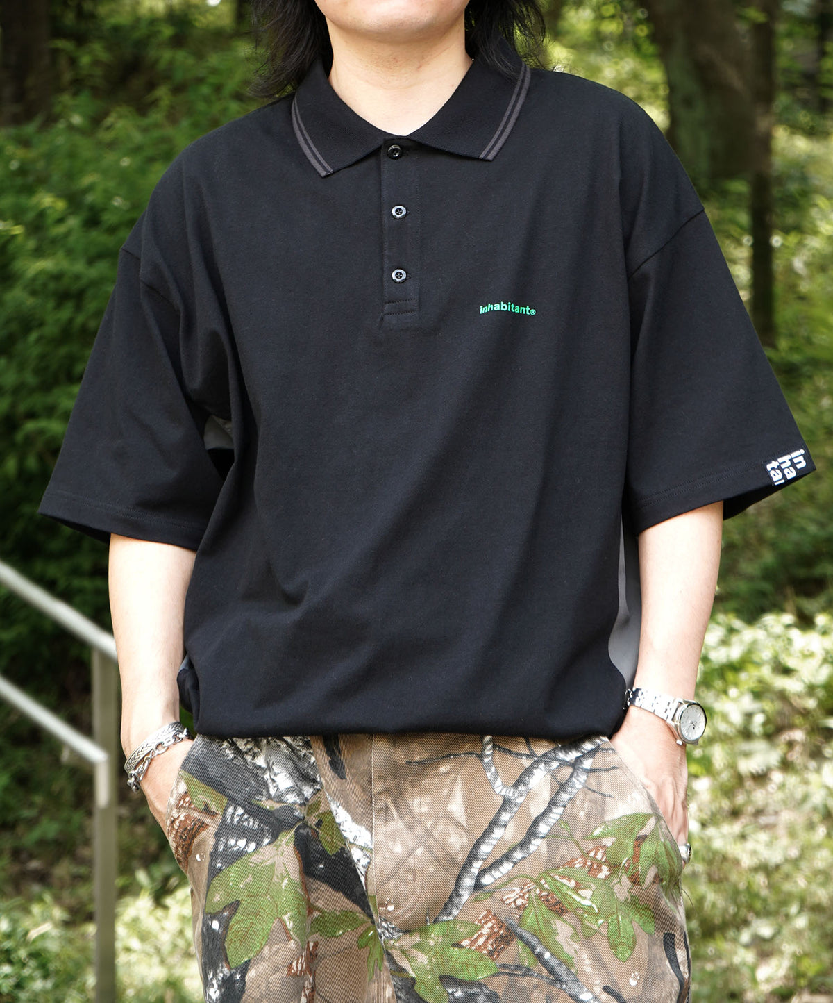 25SS【INHABITANT】ビッグシルエット ワンポイントプリント 半袖切替ポロシャツ