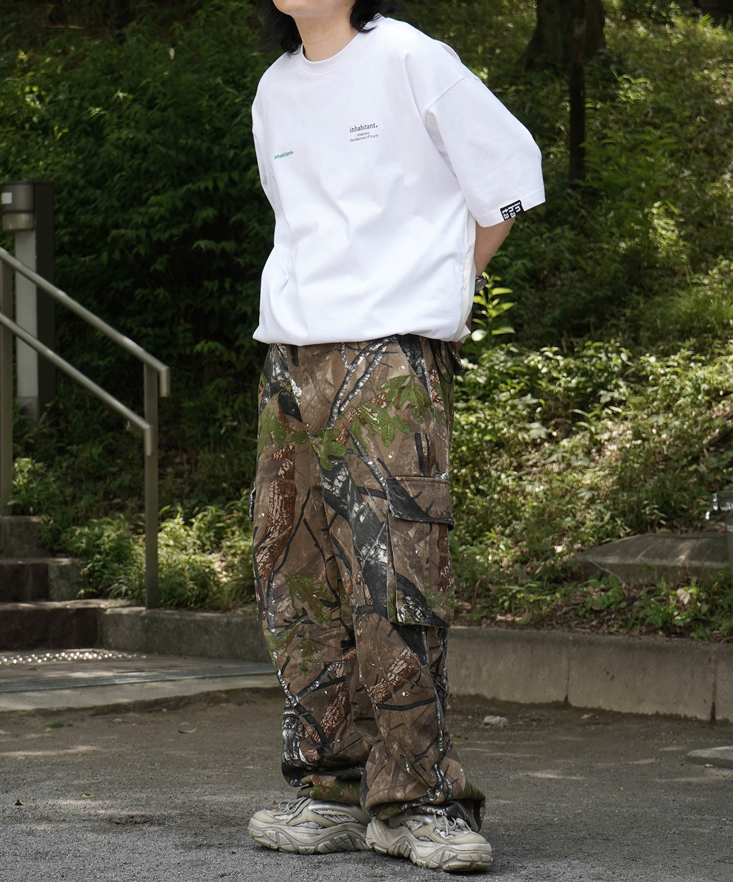 25SS【INHABITANT】ビッグシルエット フロントプリント 切替 半袖ドロストTシャツ