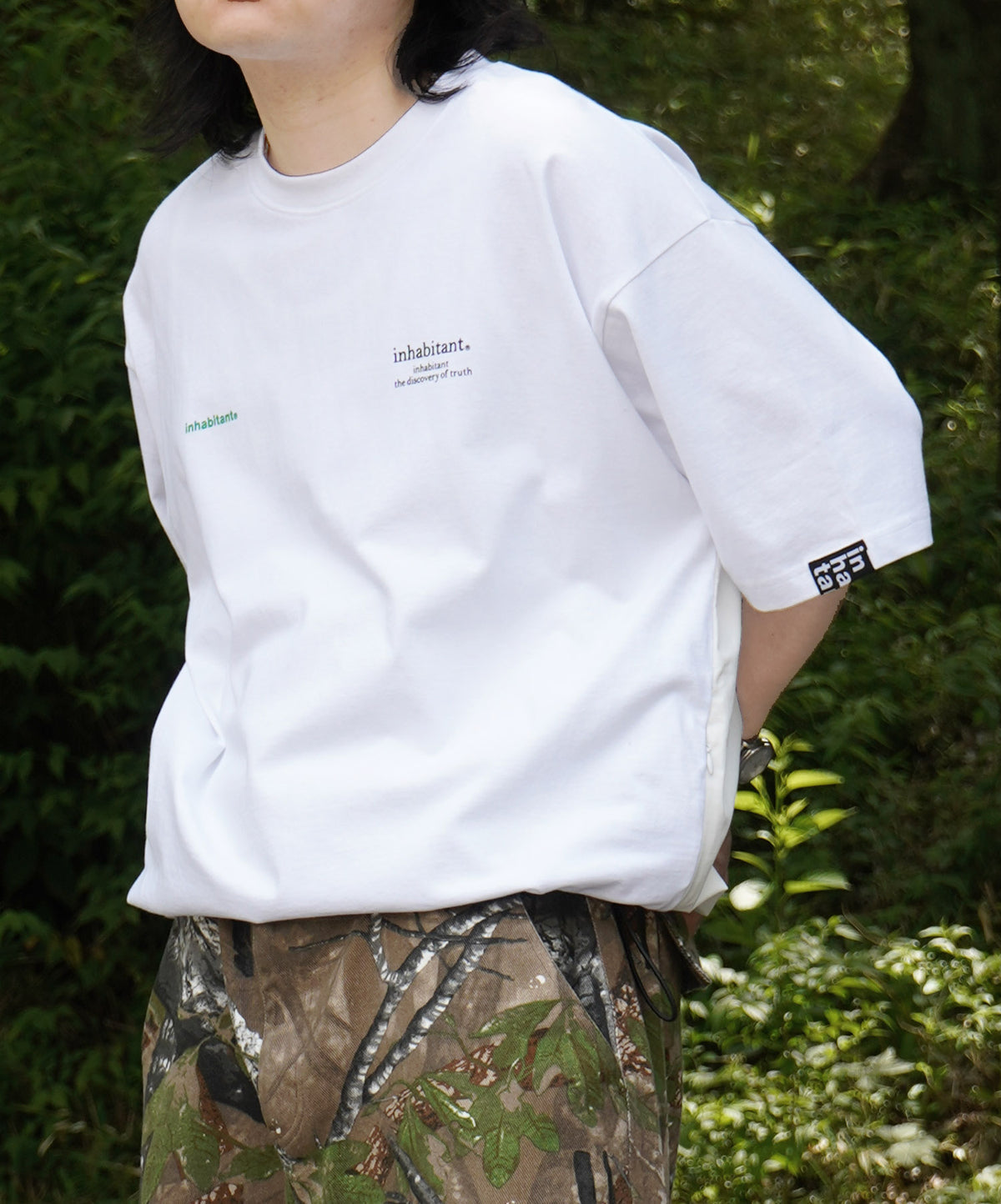 25SS【INHABITANT】ビッグシルエット フロントプリント 切替 半袖ドロストTシャツ