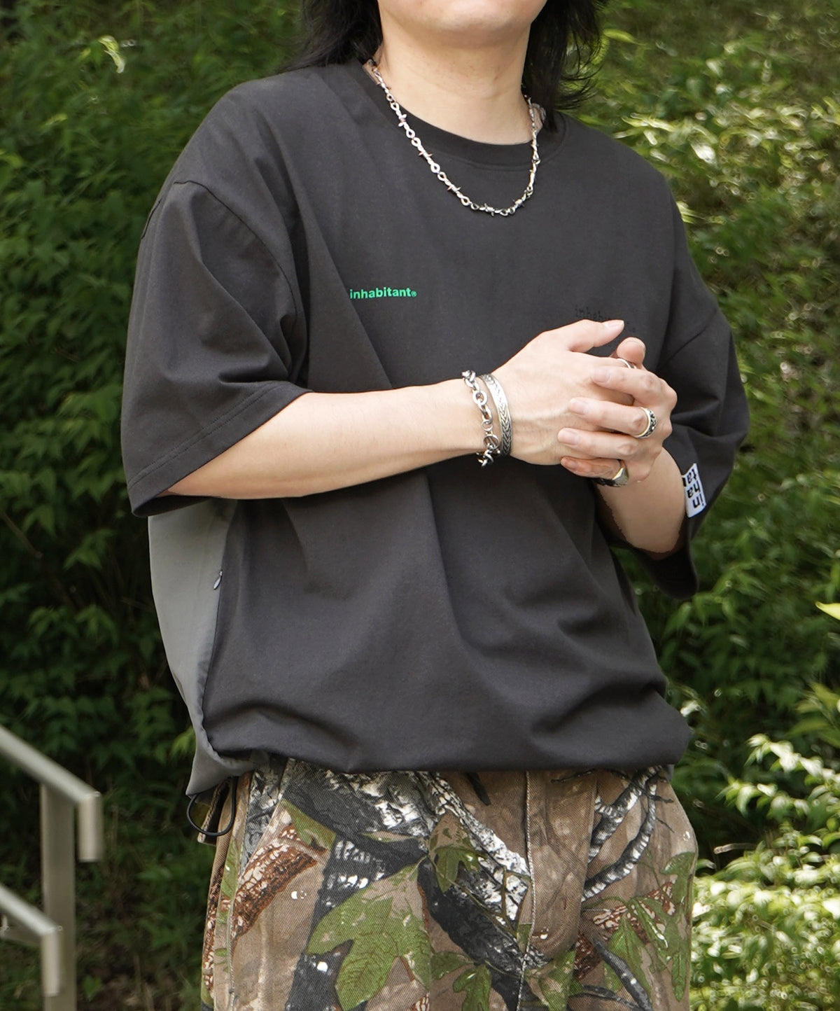 25SS【INHABITANT】ビッグシルエット フロントプリント 切替 半袖ドロストTシャツ