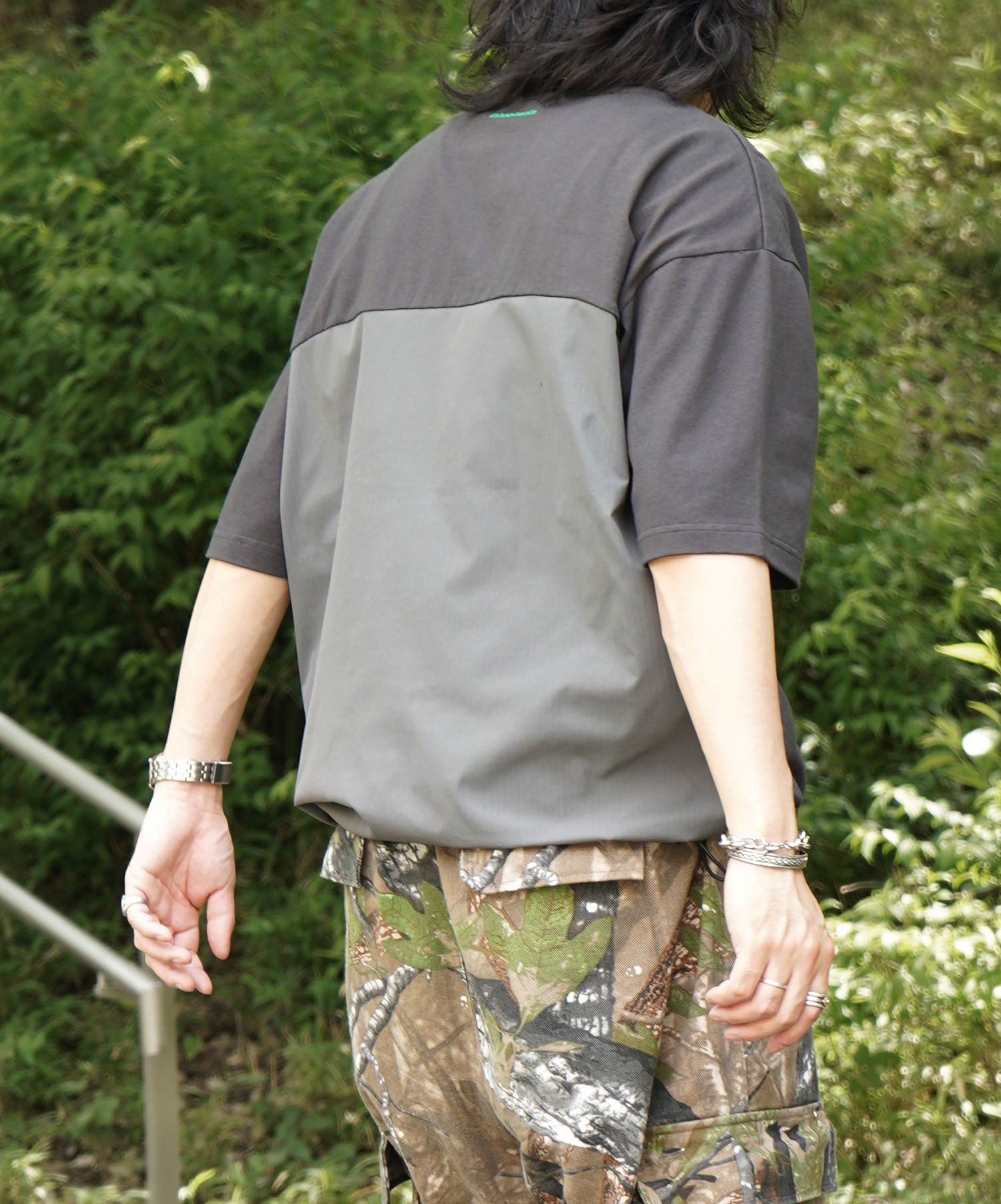 25SS【INHABITANT】ビッグシルエット フロントプリント 切替 半袖ドロストTシャツ