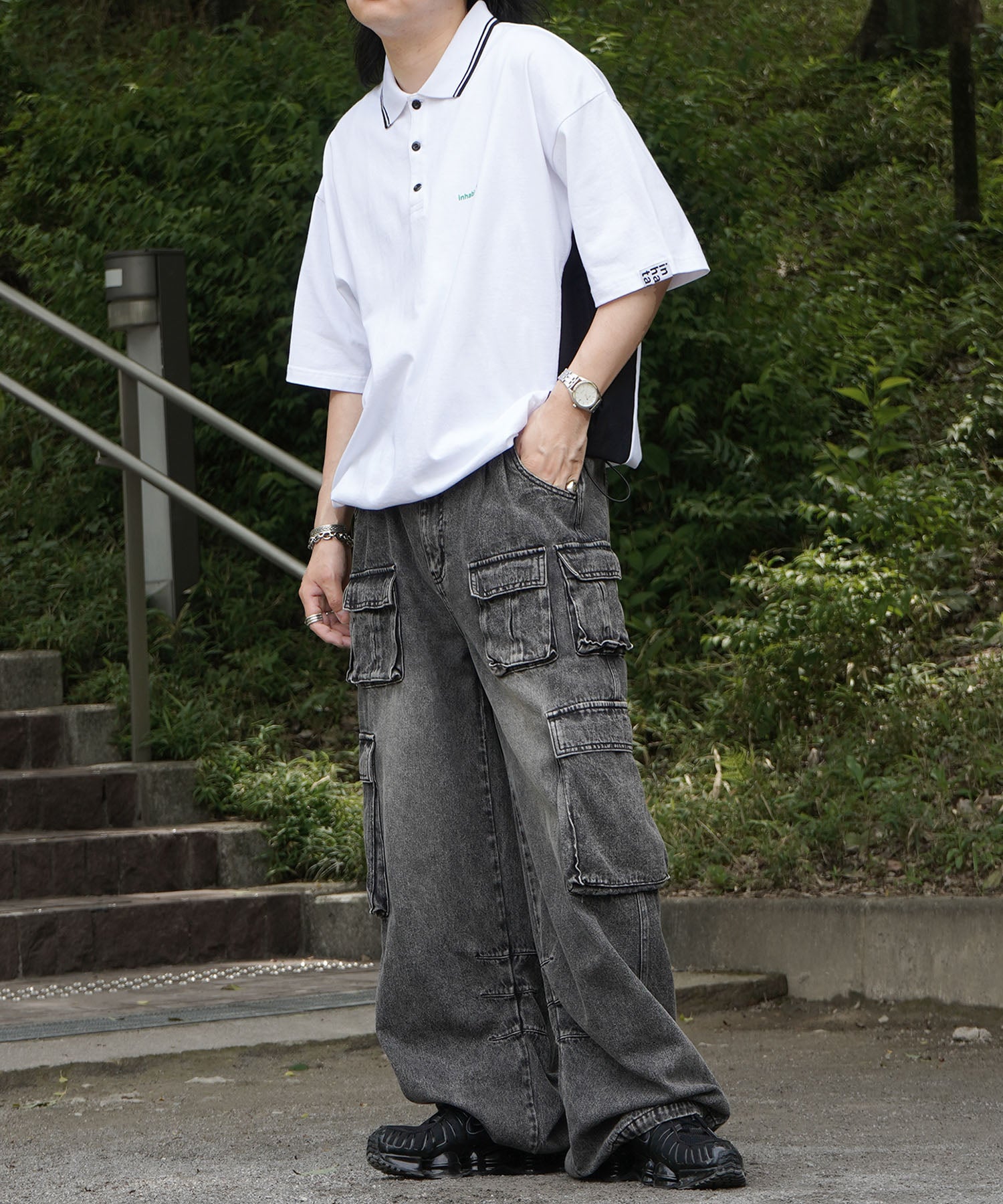 25SS【INHABITANT】ビッグシルエット ワンポイントプリント 半袖切替ポロシャツ