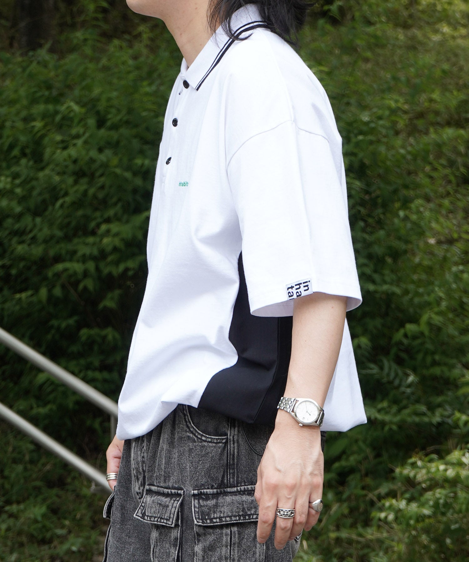 25SS【INHABITANT】ビッグシルエット ワンポイントプリント 半袖切替ポロシャツ
