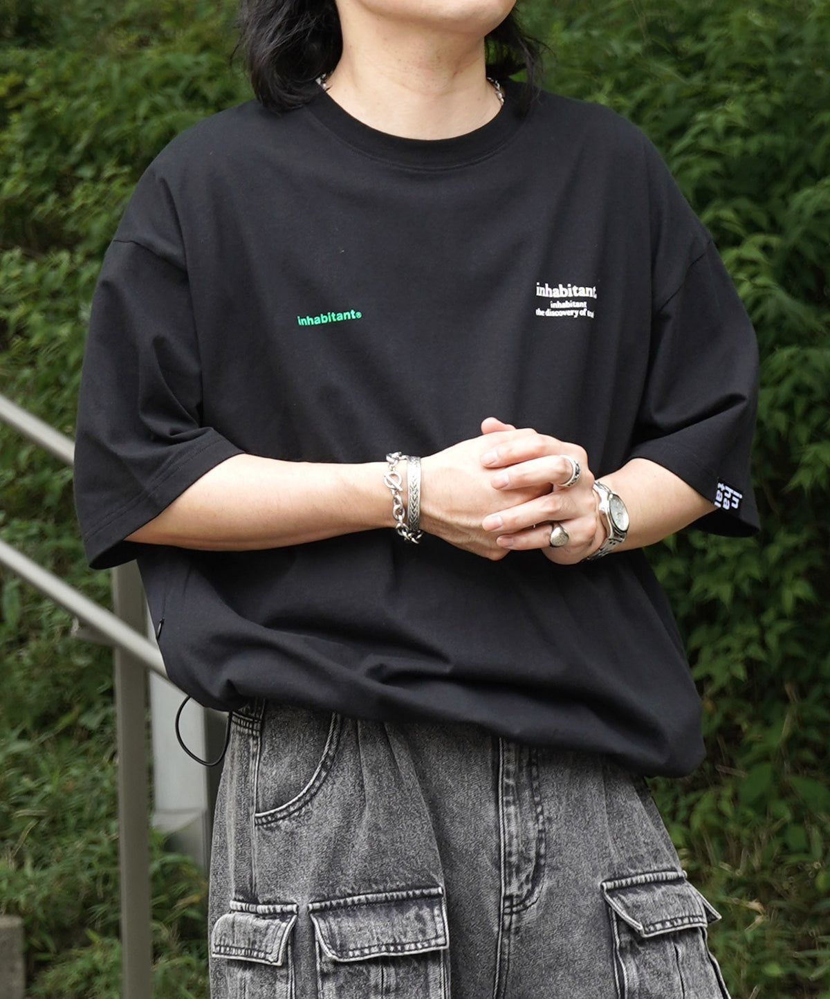 25SS【INHABITANT】ビッグシルエット フロントプリント 切替 半袖ドロストTシャツ