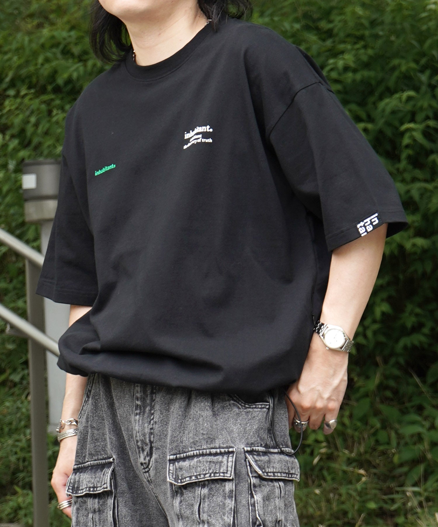 25SS【INHABITANT】ビッグシルエット フロントプリント 切替 半袖ドロストTシャツ