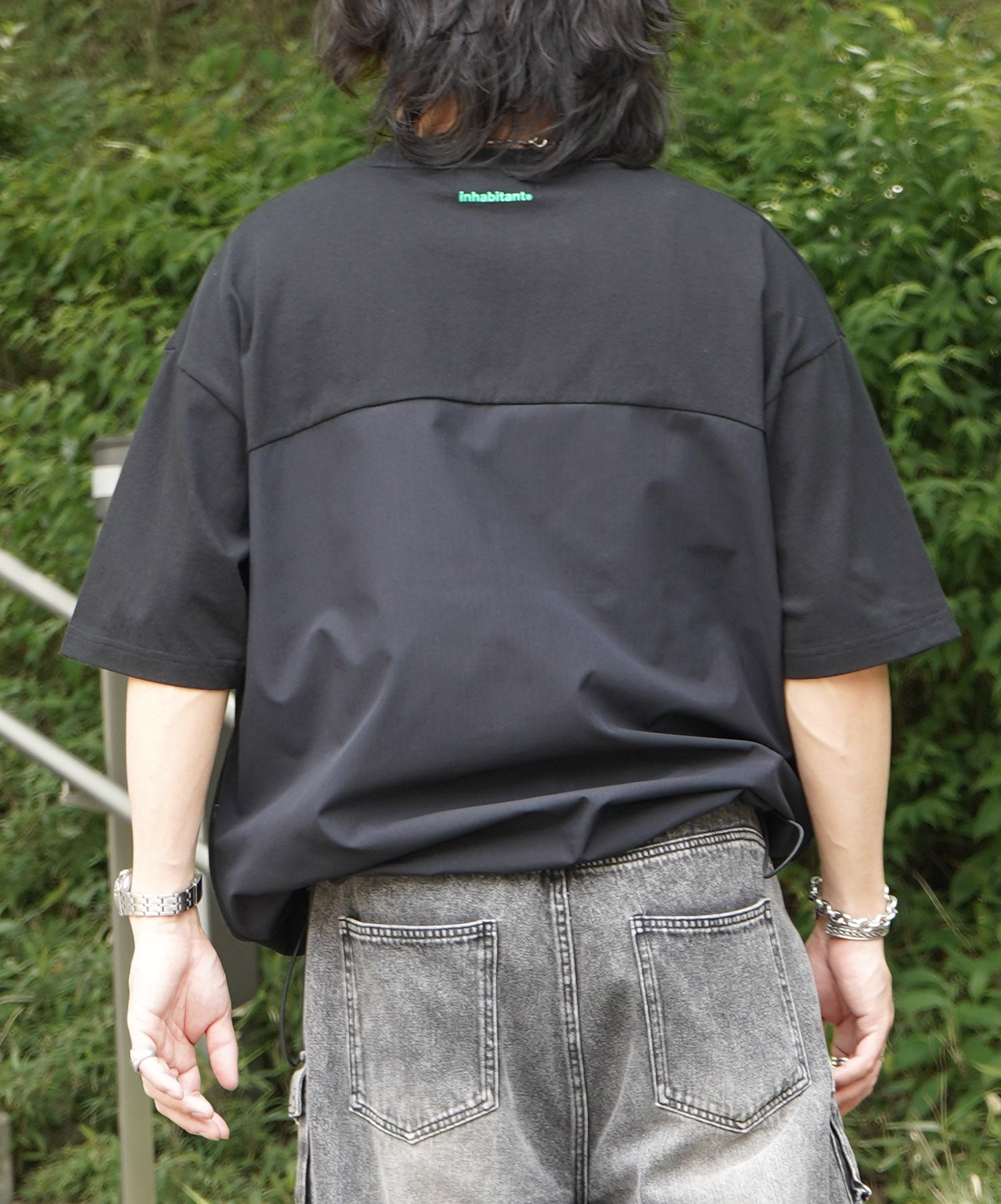 25SS【INHABITANT】ビッグシルエット フロントプリント 切替 半袖ドロストTシャツ
